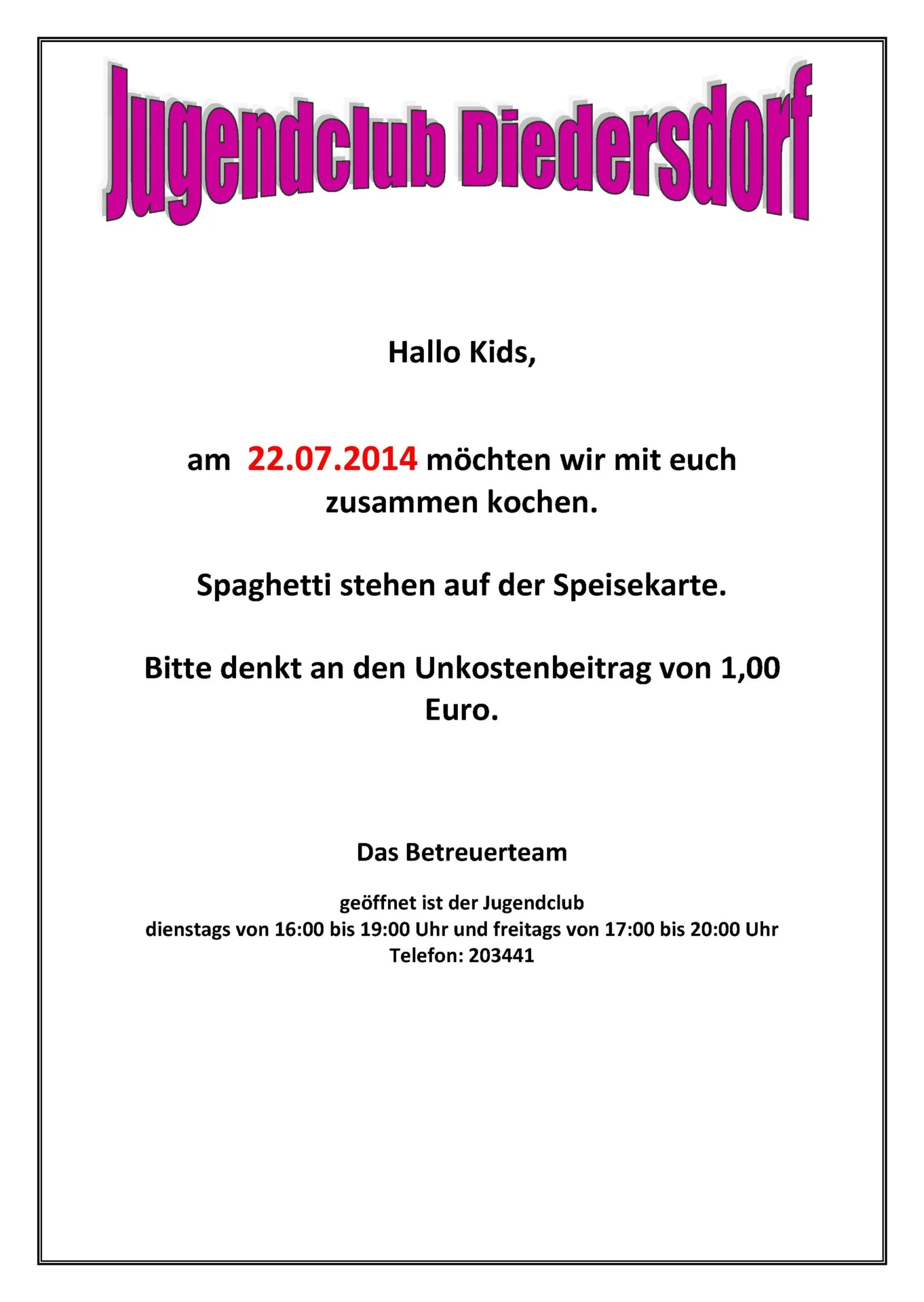 Flyer Jugendclub Diedersdorf Juli 2014