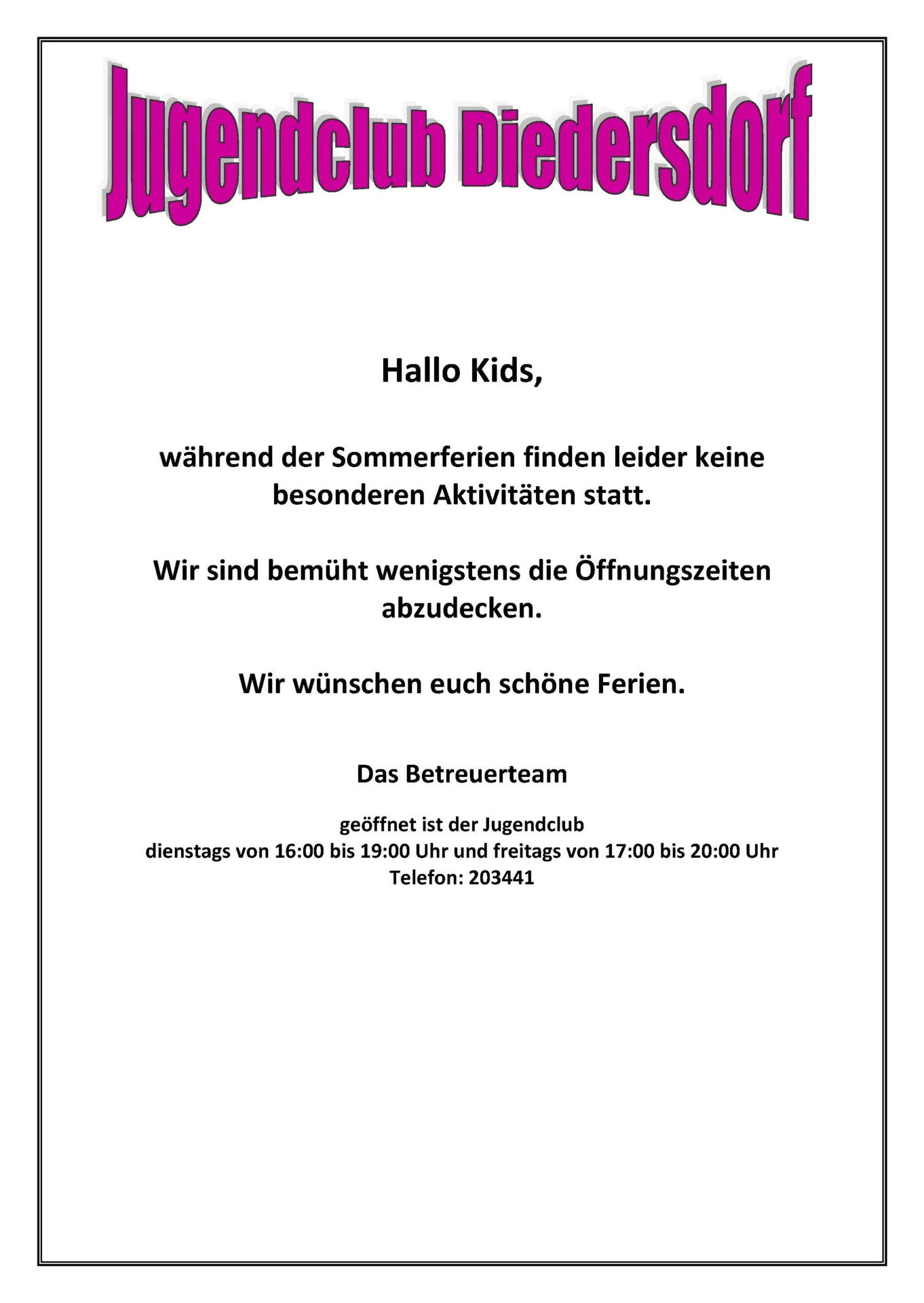 Flyer Jugendclub Diedersdorf August 2014