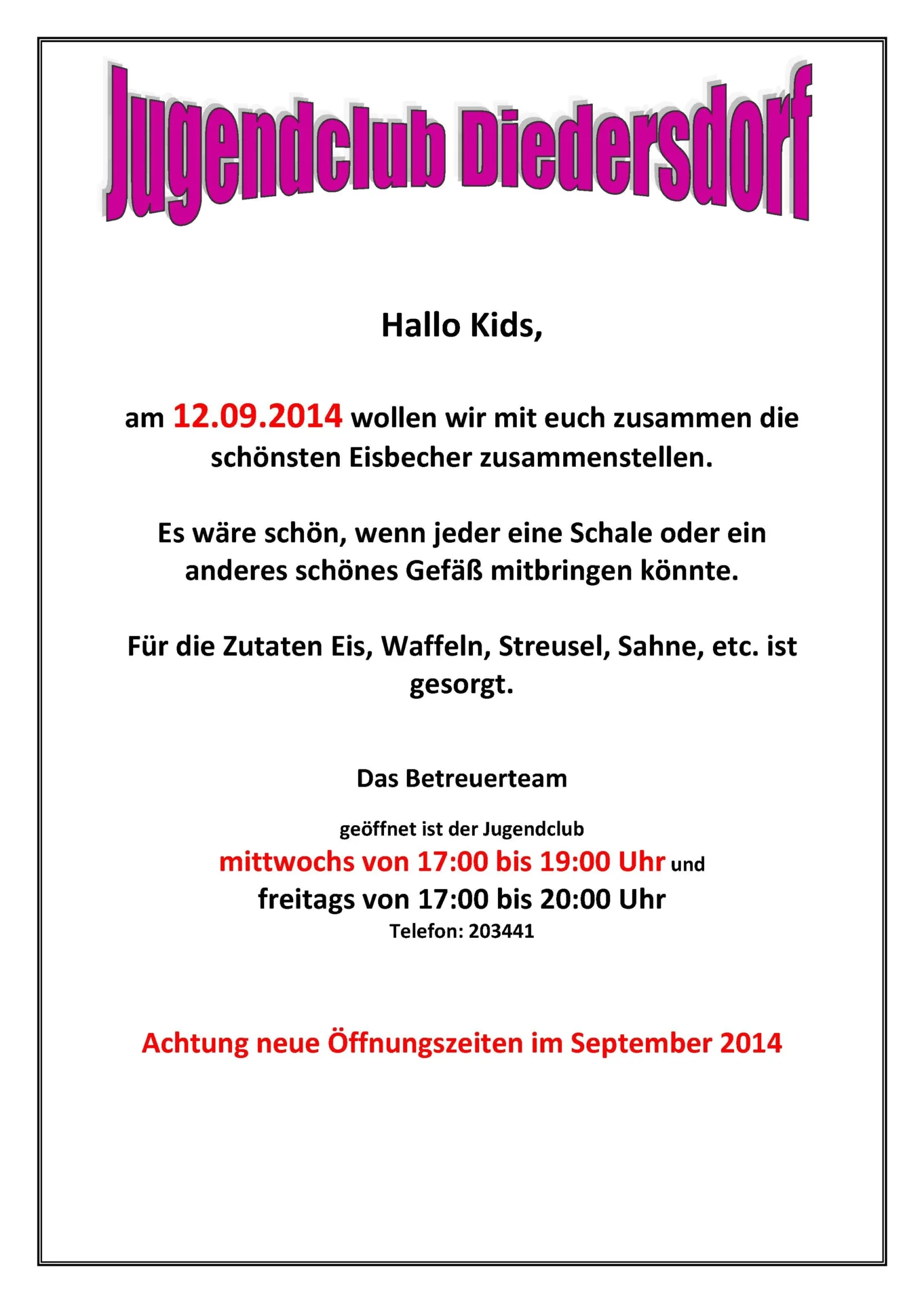 Flyer Jugendclub Diedersdorf September 2014