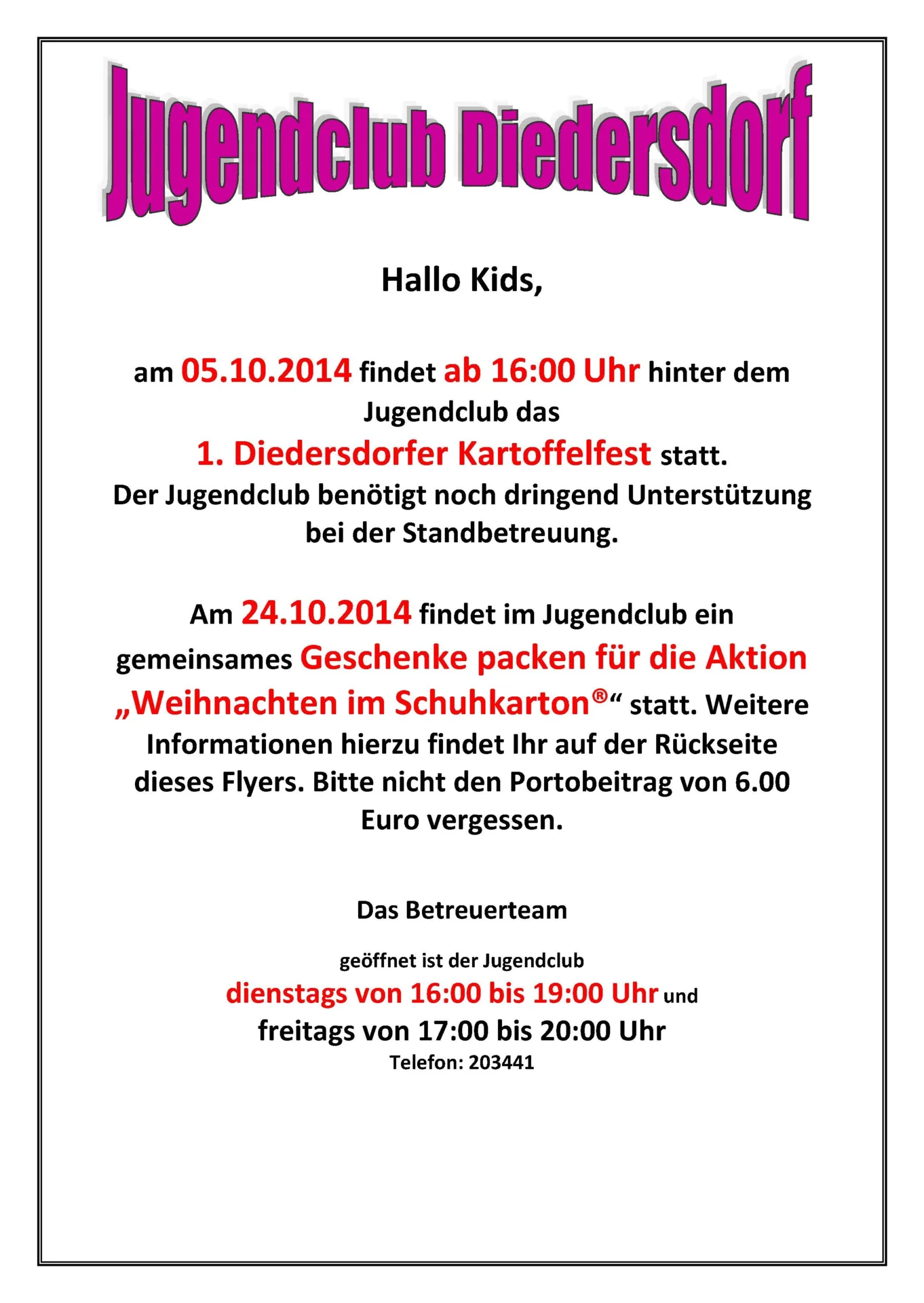 Flyer Jugendclub Diedersdorf Oktober 2014