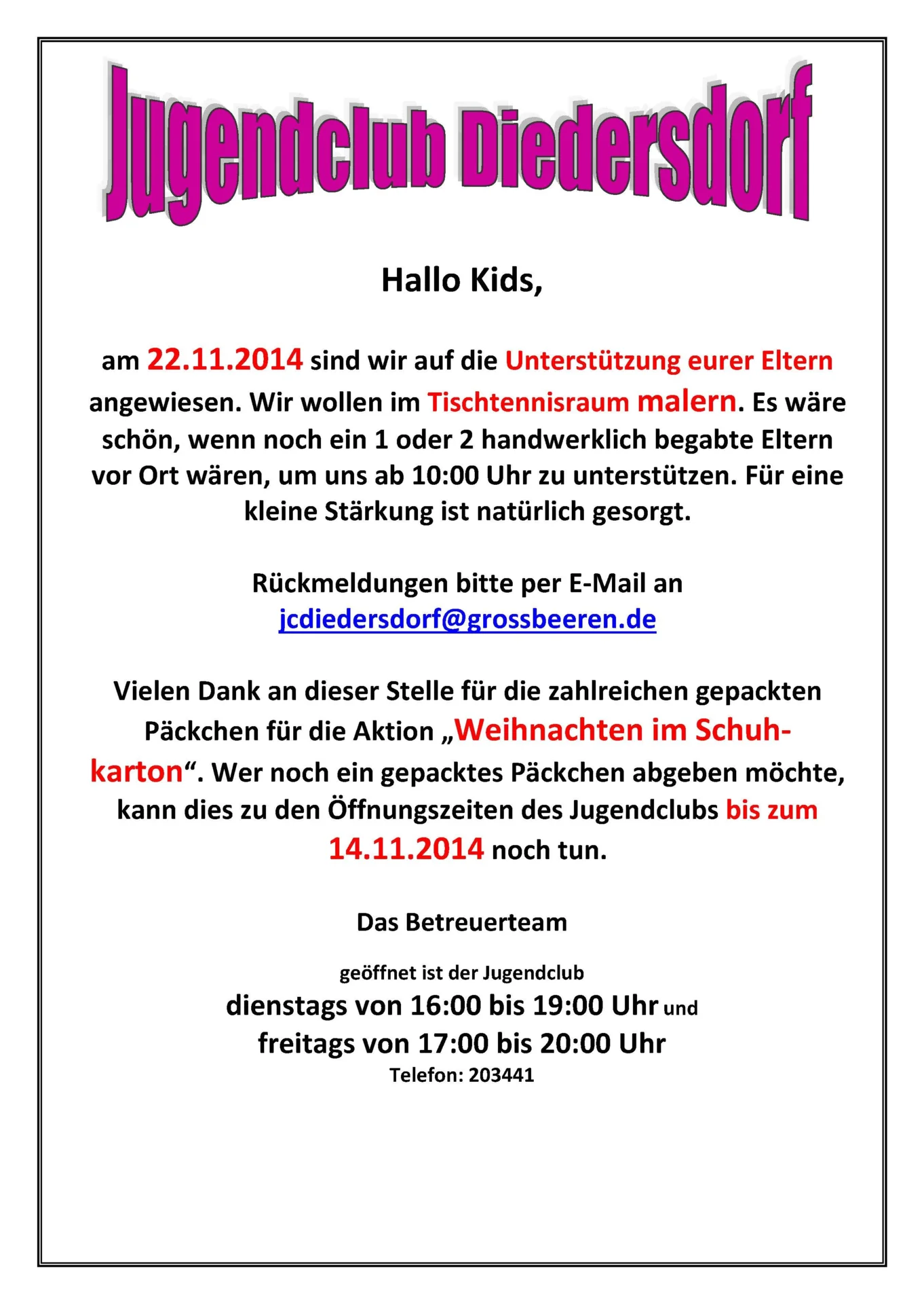 Flyer Jugendclub Diedersdorf November 2014