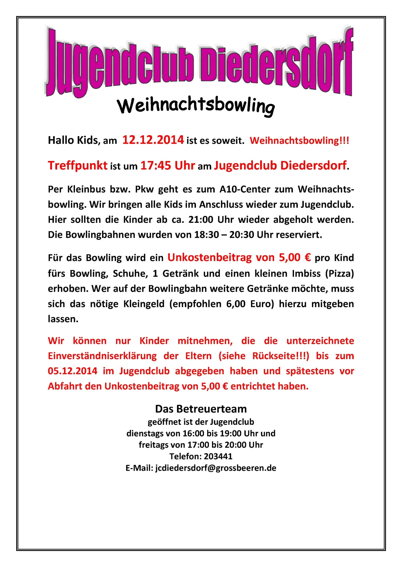 Flyer Jugendclub Diedersdorf Dezember 2014
