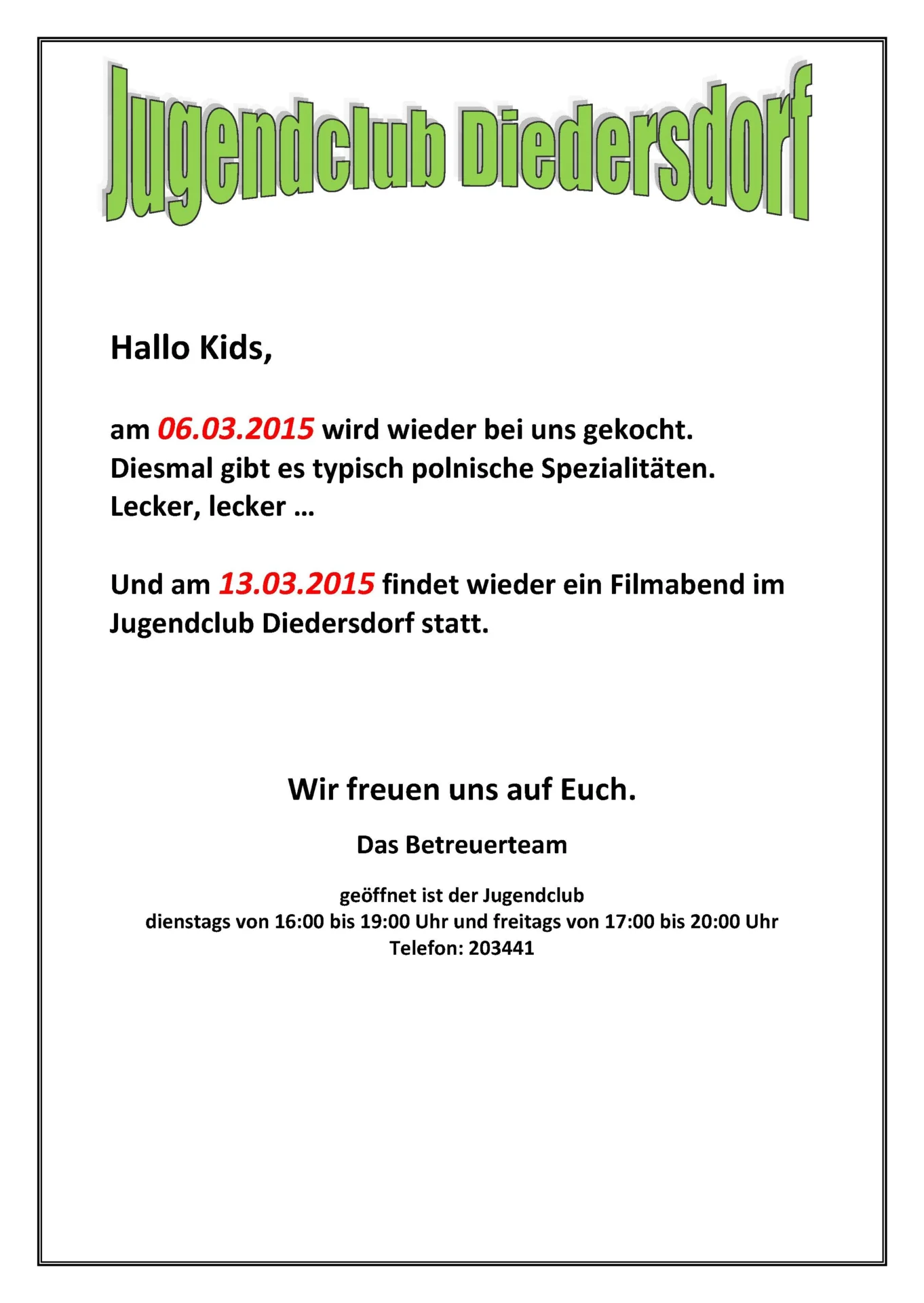 Flyer Jugendclub Diedersdorf März 2015