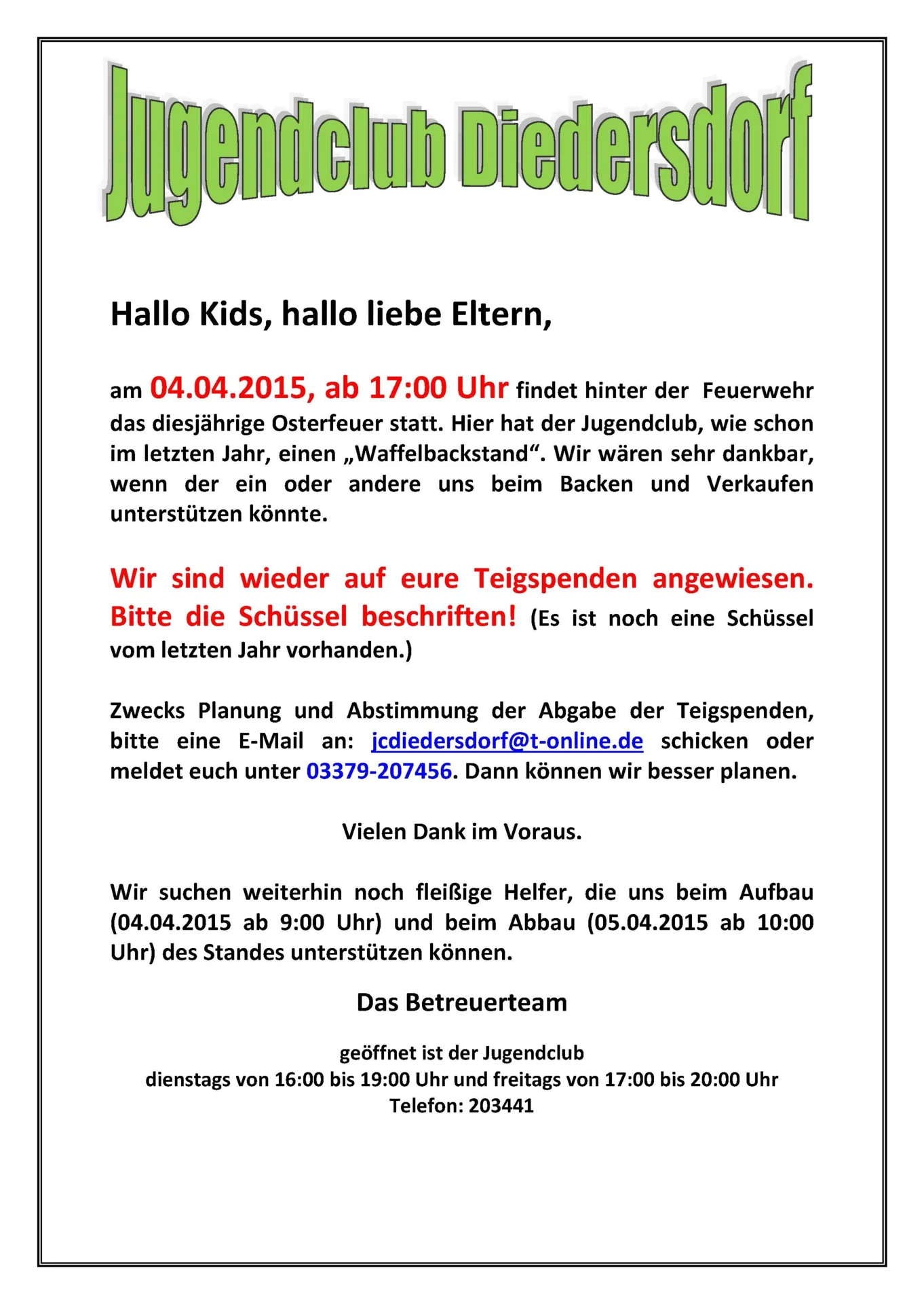 Flyer Jugendclub Diedersdorf April 2015