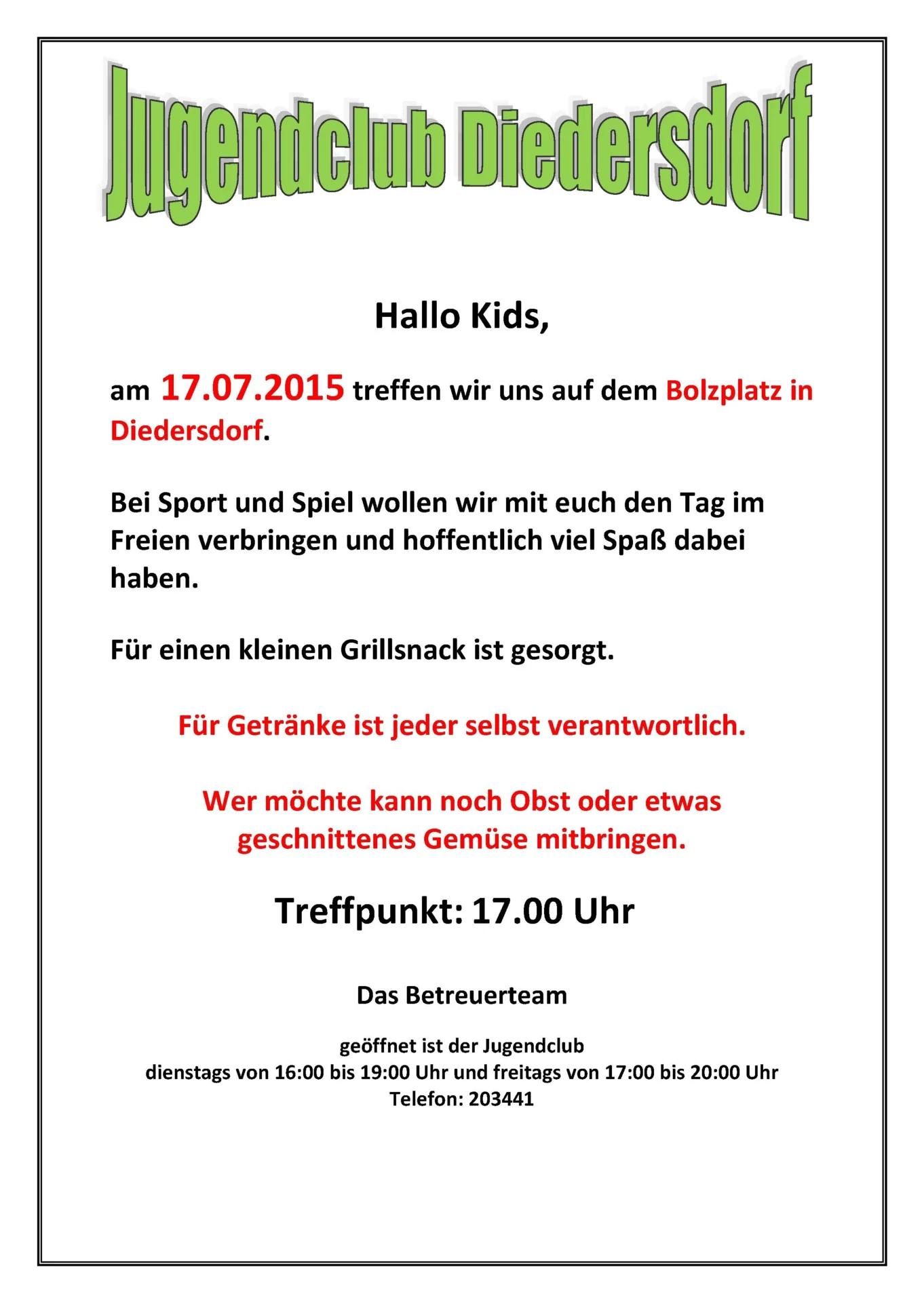Flyer Jugendclub Diedersdorf Juli 2015