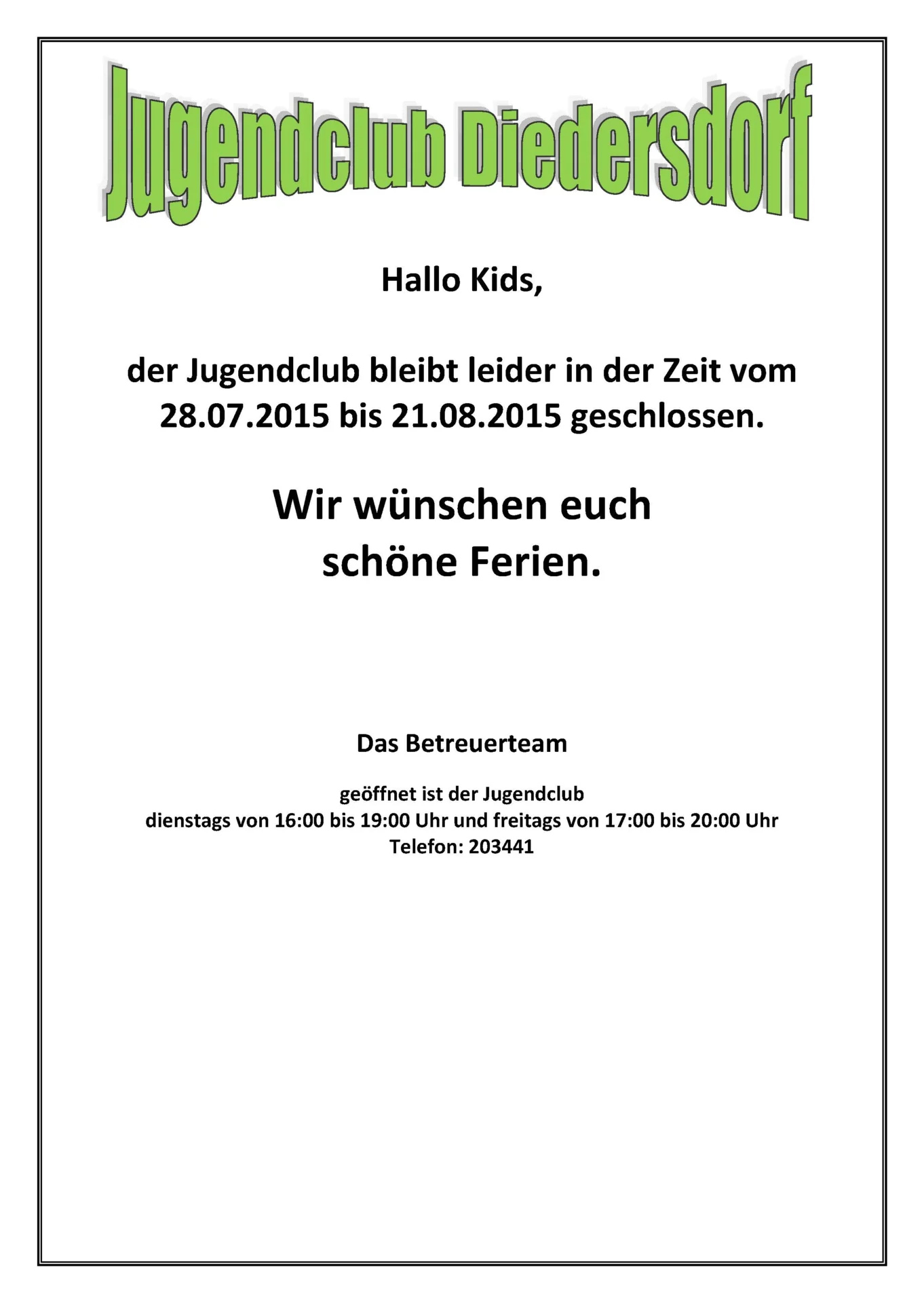Flyer Jugendclub Diedersdorf August 2015