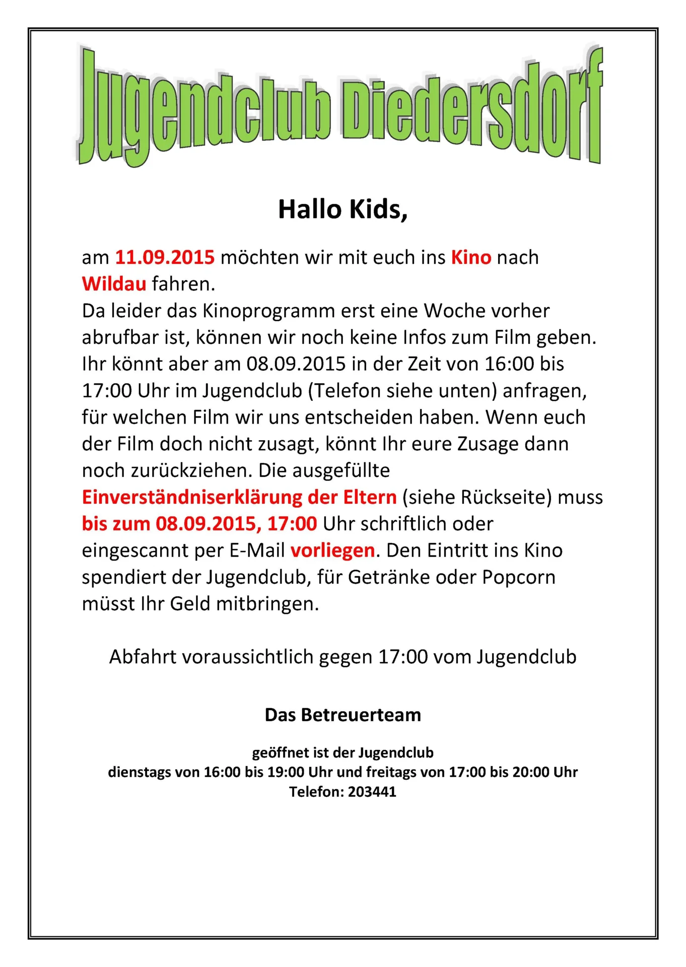 Flyer Jugendclub Diedersdorf September 2015