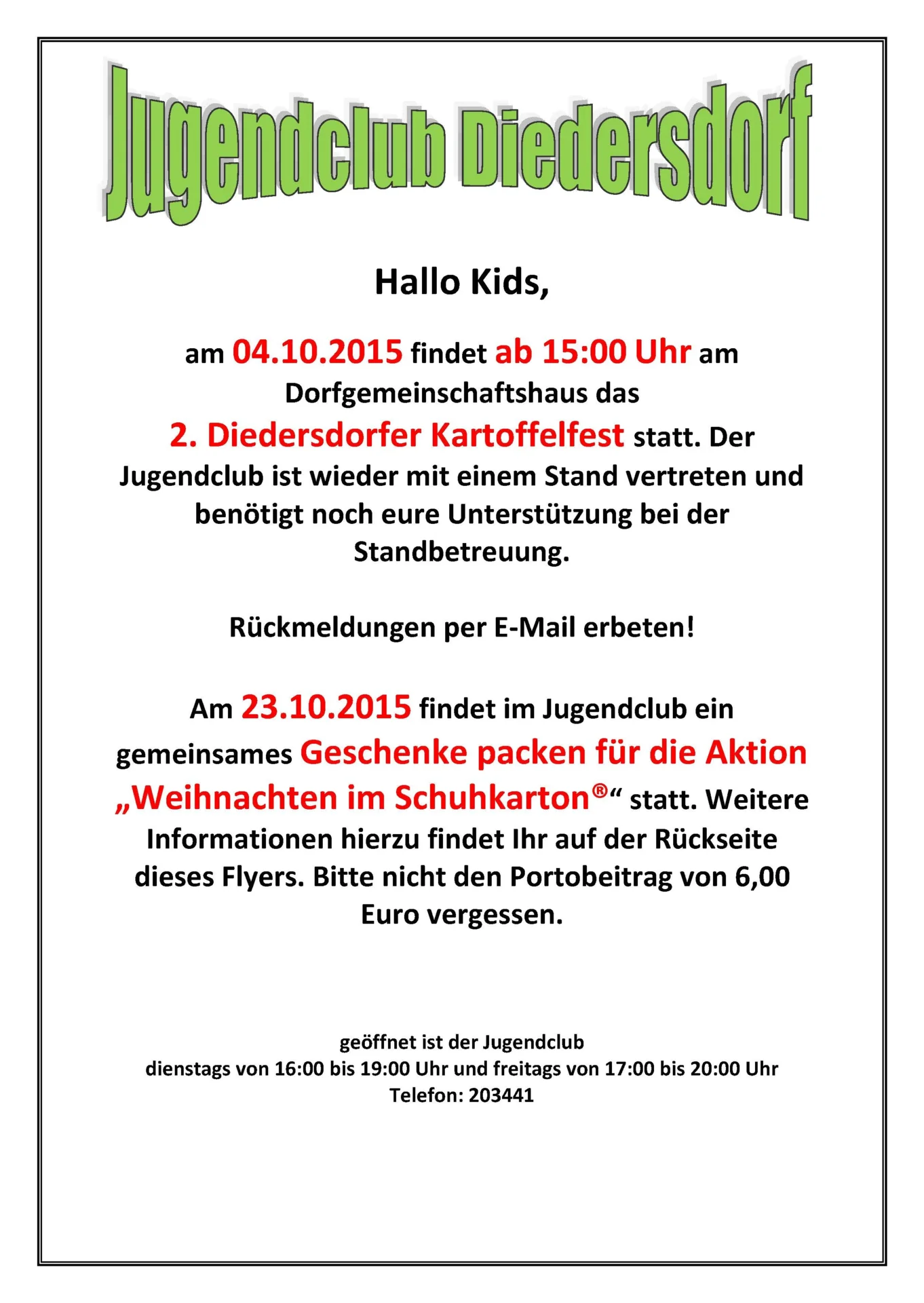 Flyer Jugendclub Diedersdorf Oktober 2015