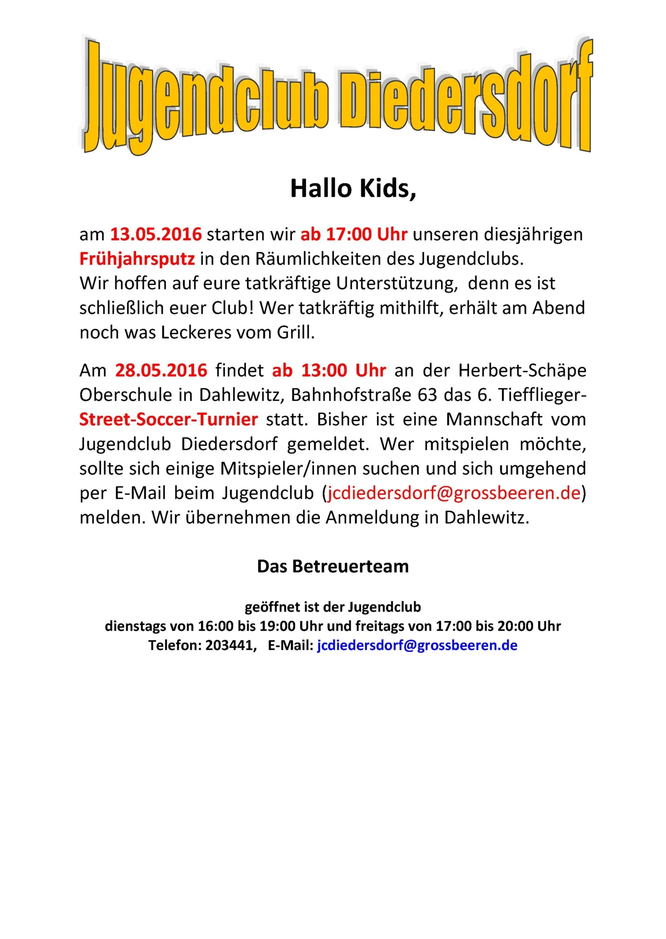 Flyer Jugendclub Diedersdorf Mai 2016