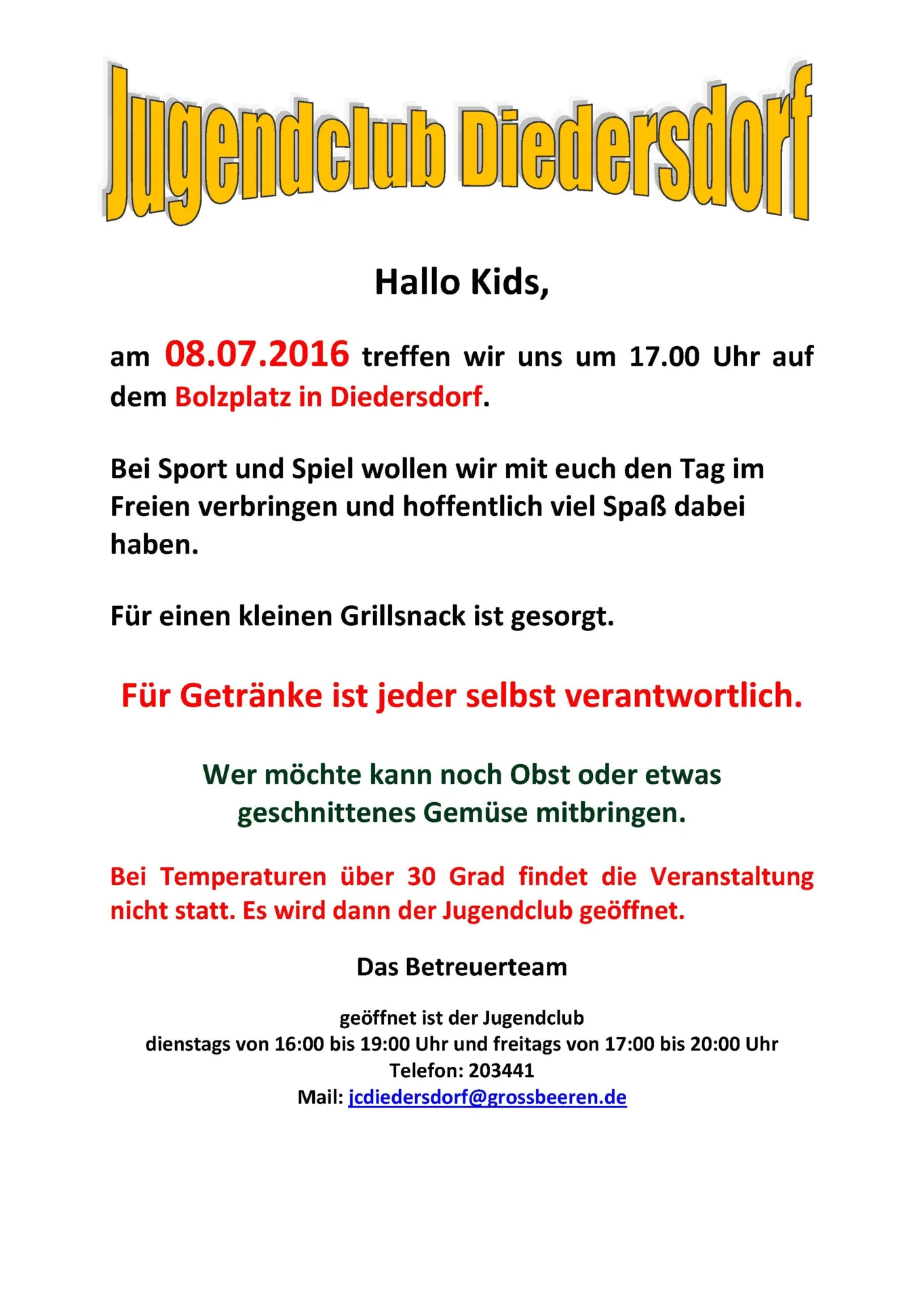 Flyer Jugendclub Diedersdorf Juli 2016