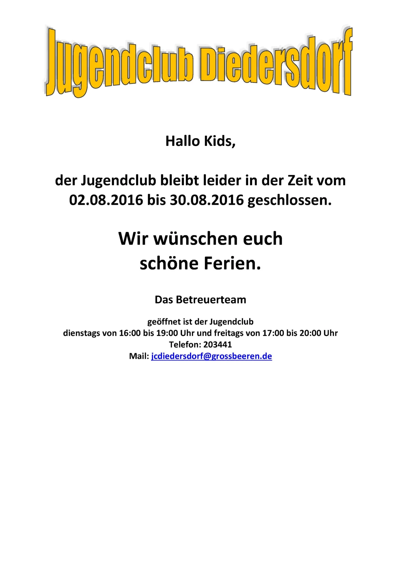 Flyer Jugendclub Diedersdorf August 2016