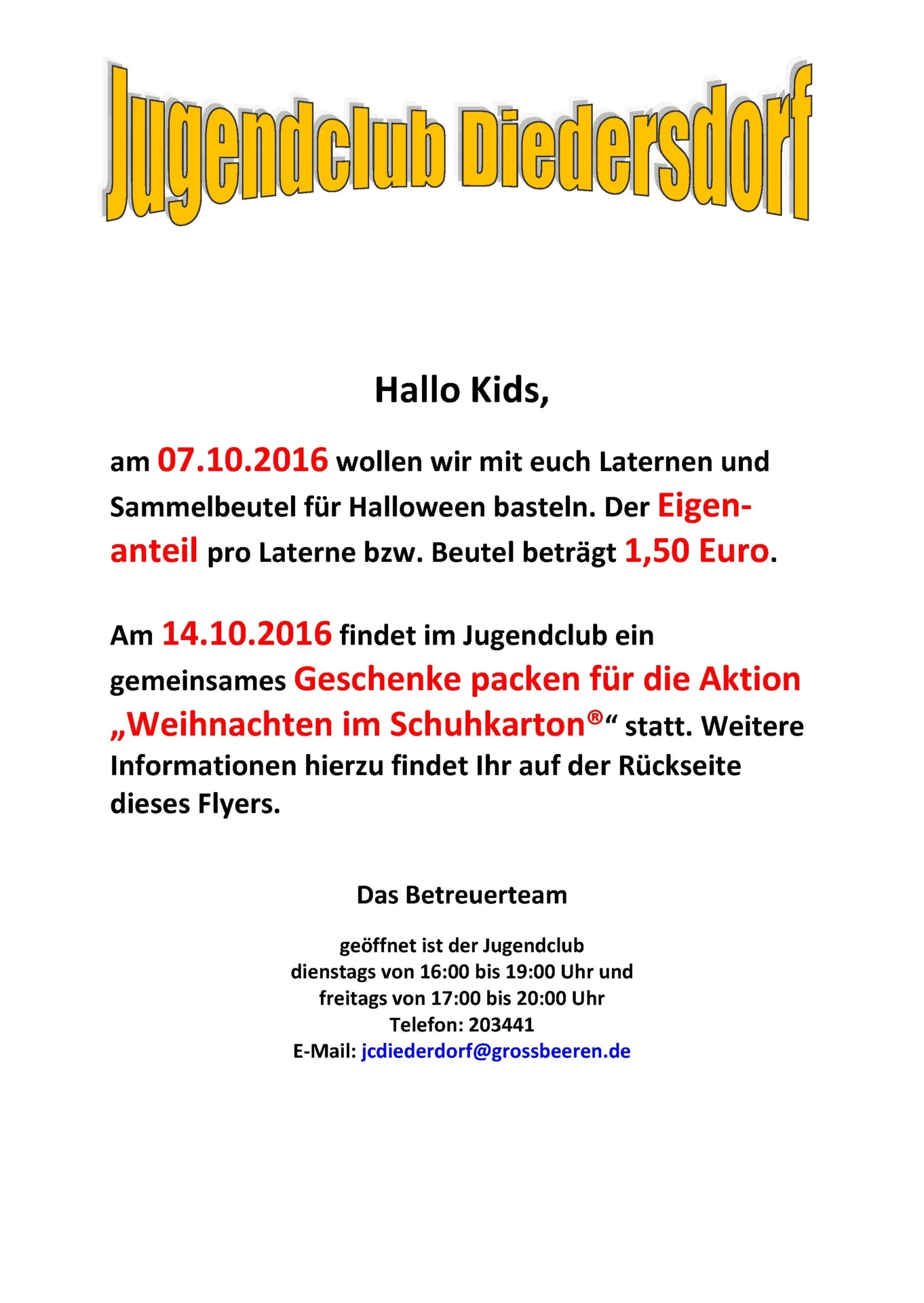Flyer Jugendclub Diedersdorf Oktober 2016