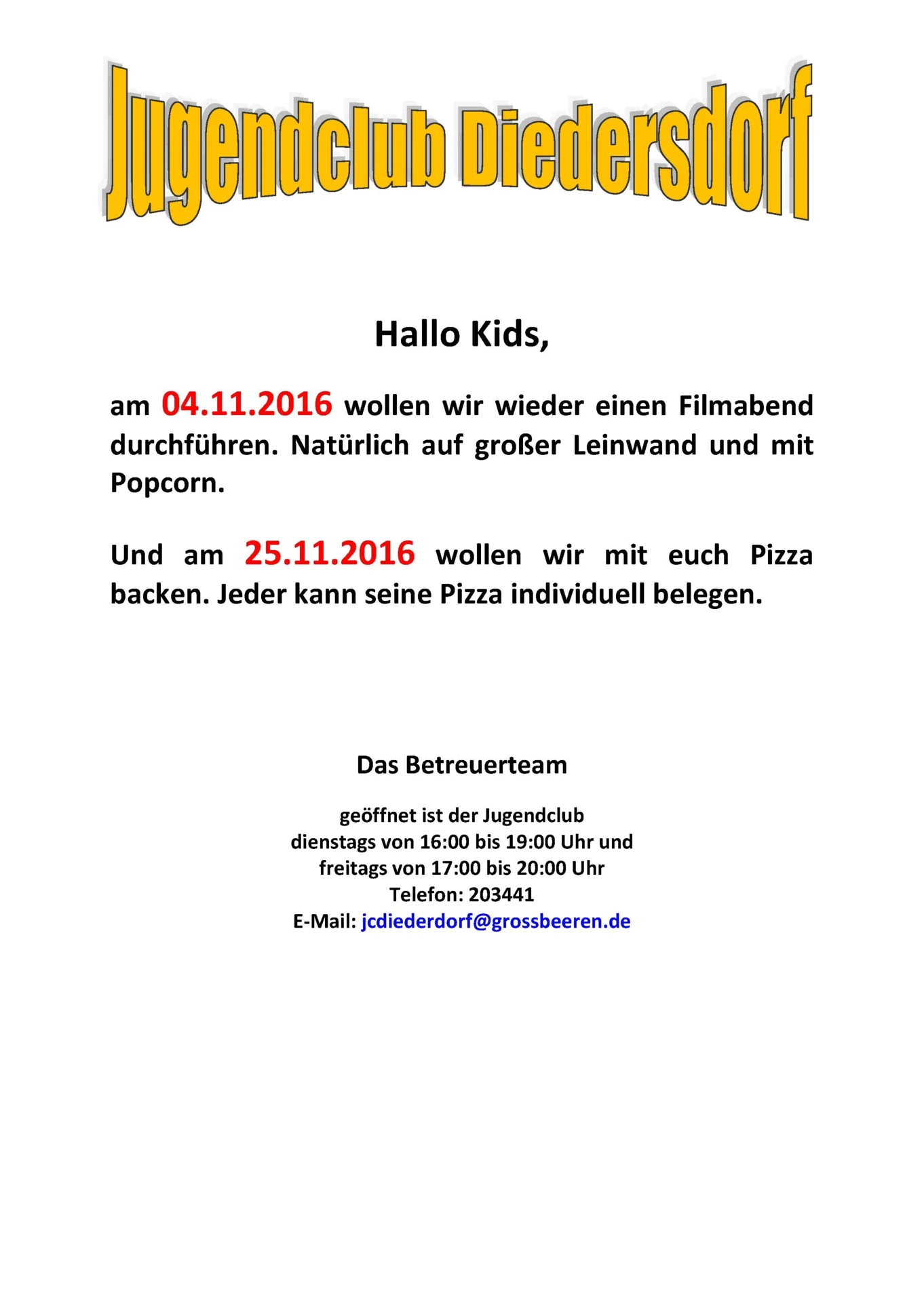 Flyer Jugendclub Diedersdorf November 2016