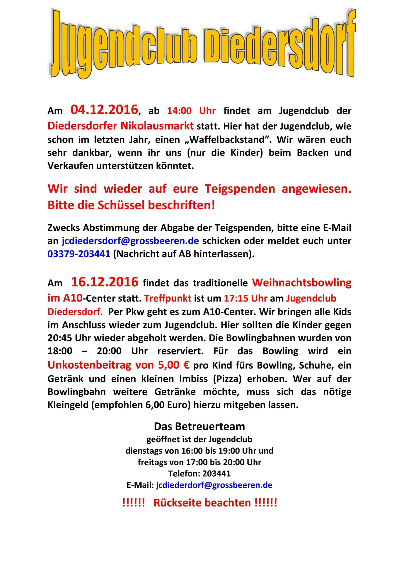 Flyer Jugendclub Diedersdorf Dezember 2016
