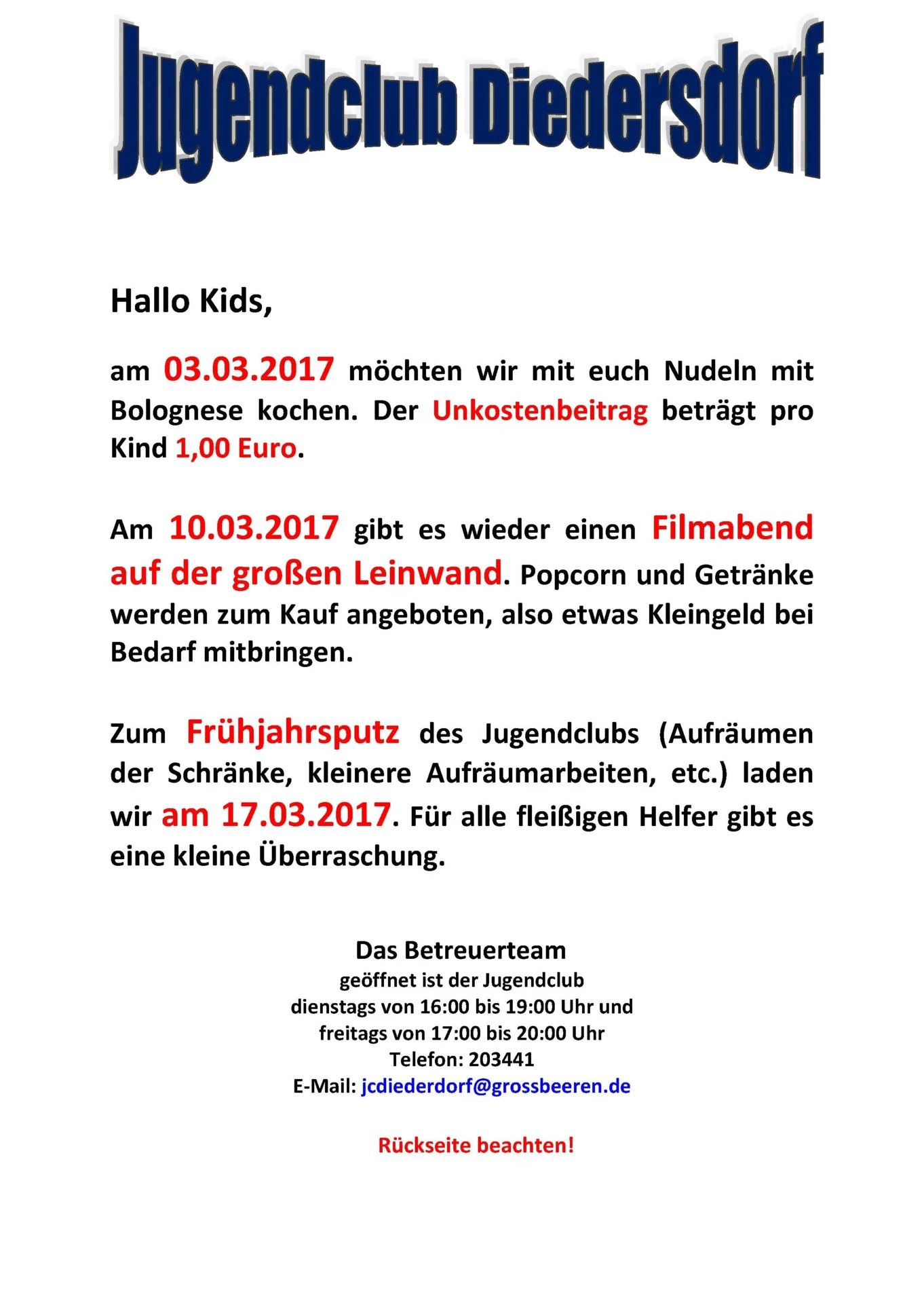 Flyer Jugendclub Diedersdorf März 2017