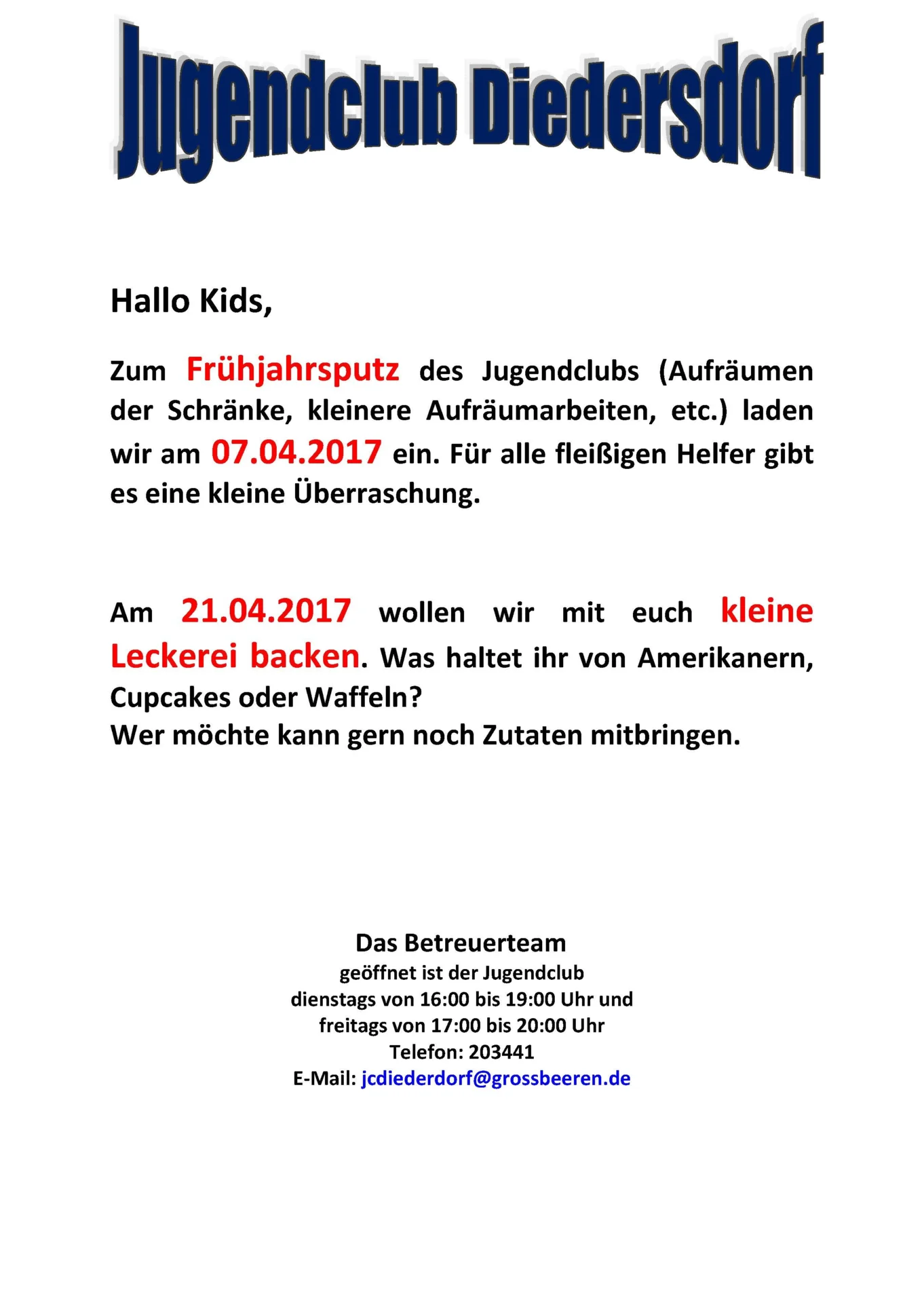 Flyer Jugendclub Diedersdorf April 2017