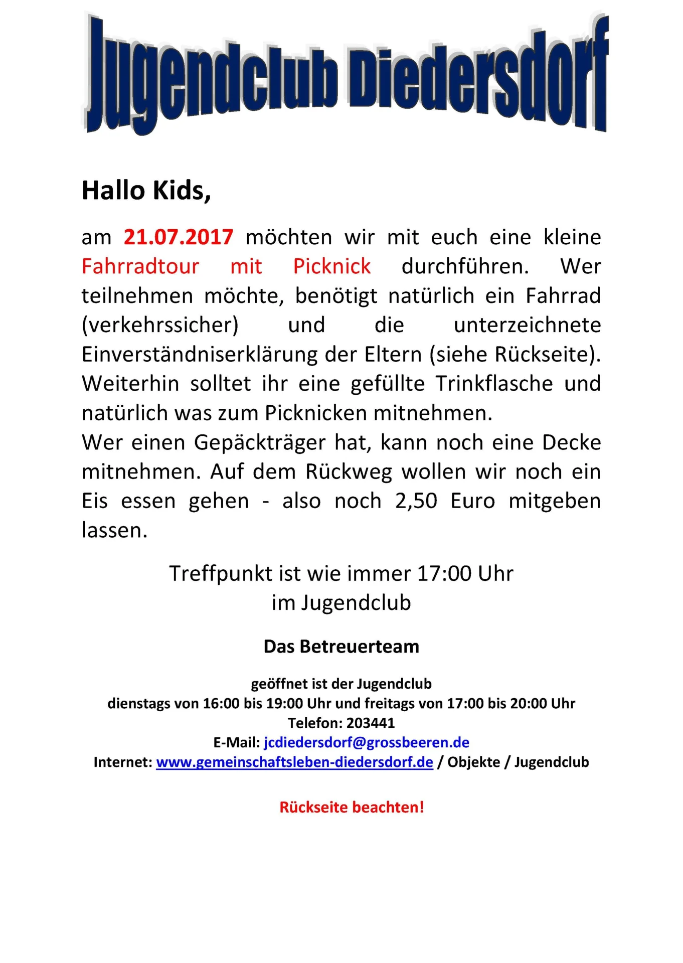 Flyer Jugendclub Diedersdorf Juli 2017