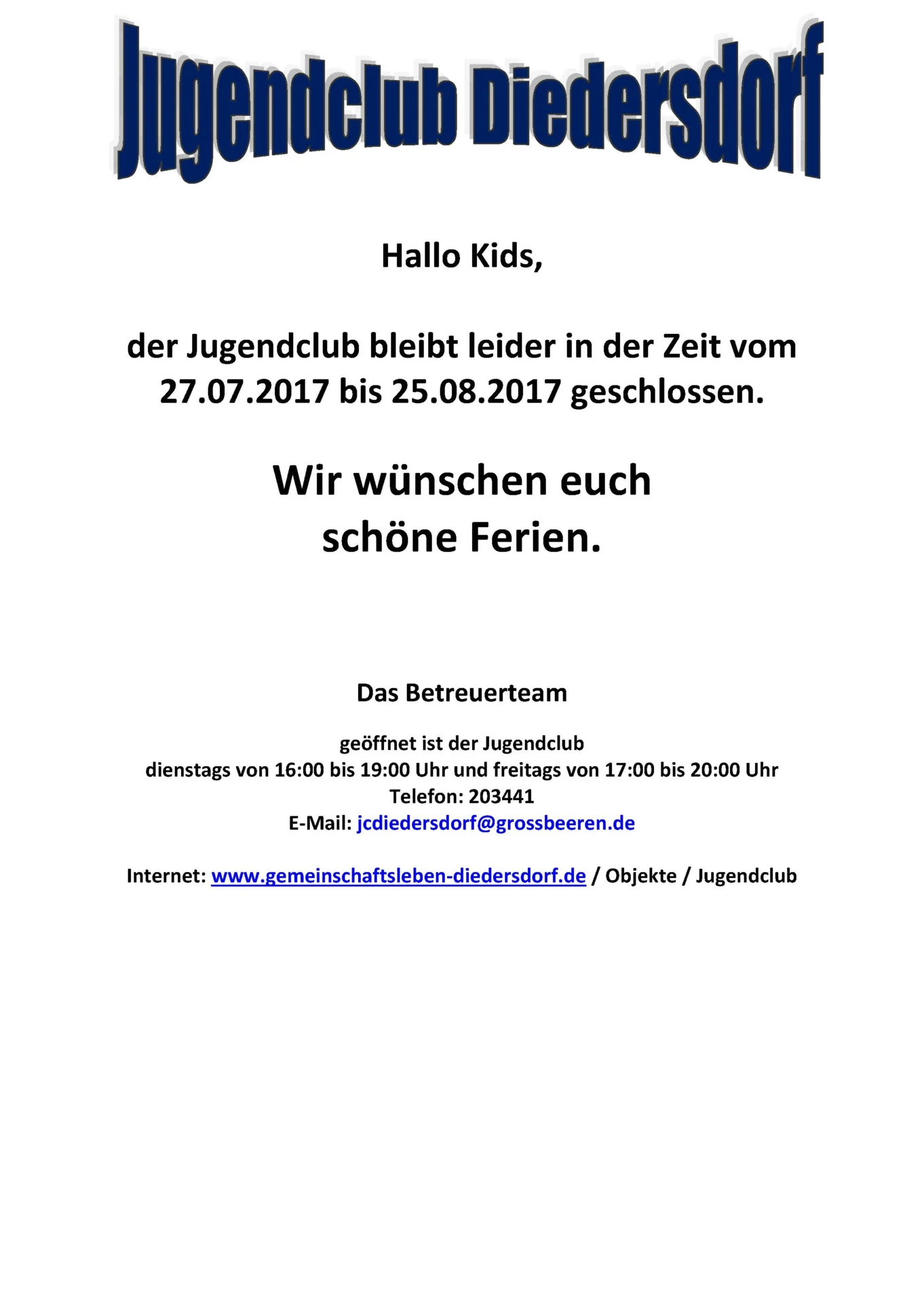 Flyer Jugendclub Diedersdorf August 2017