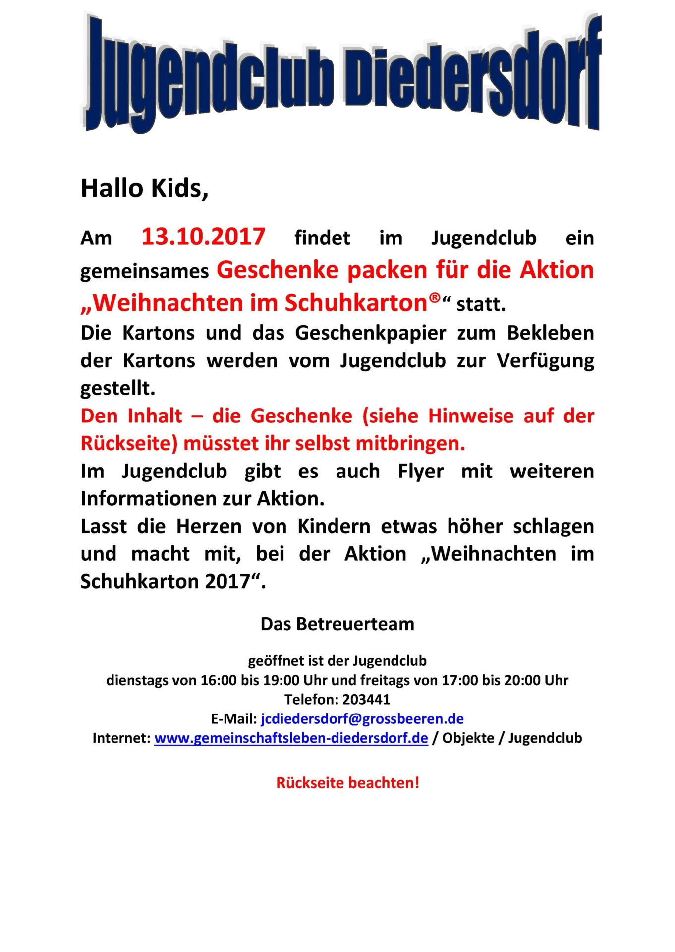 Flyer Jugendclub Diedersdorf Oktober 2017