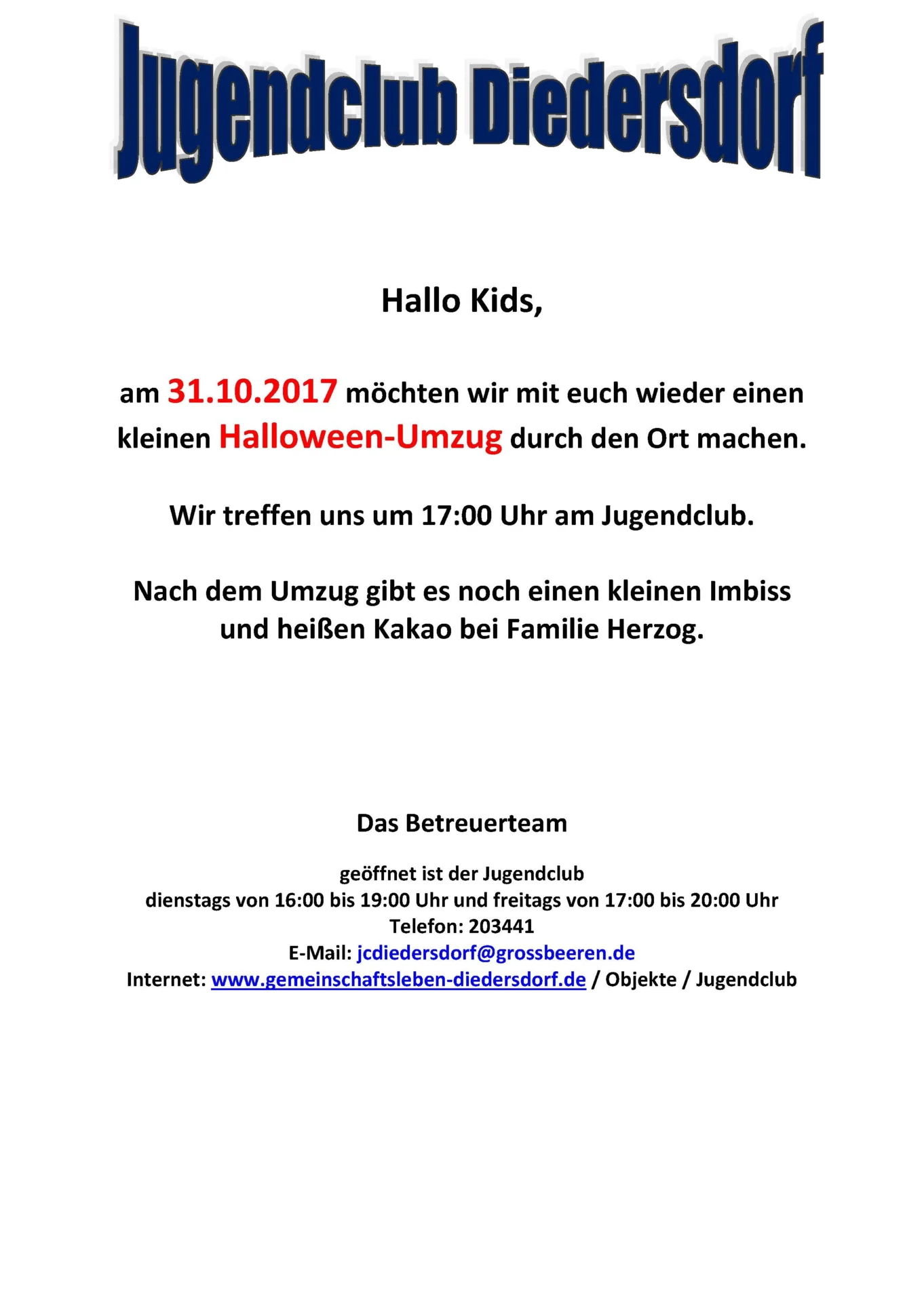 Flyer Jugendclub Diedersdorf Oktober 2017