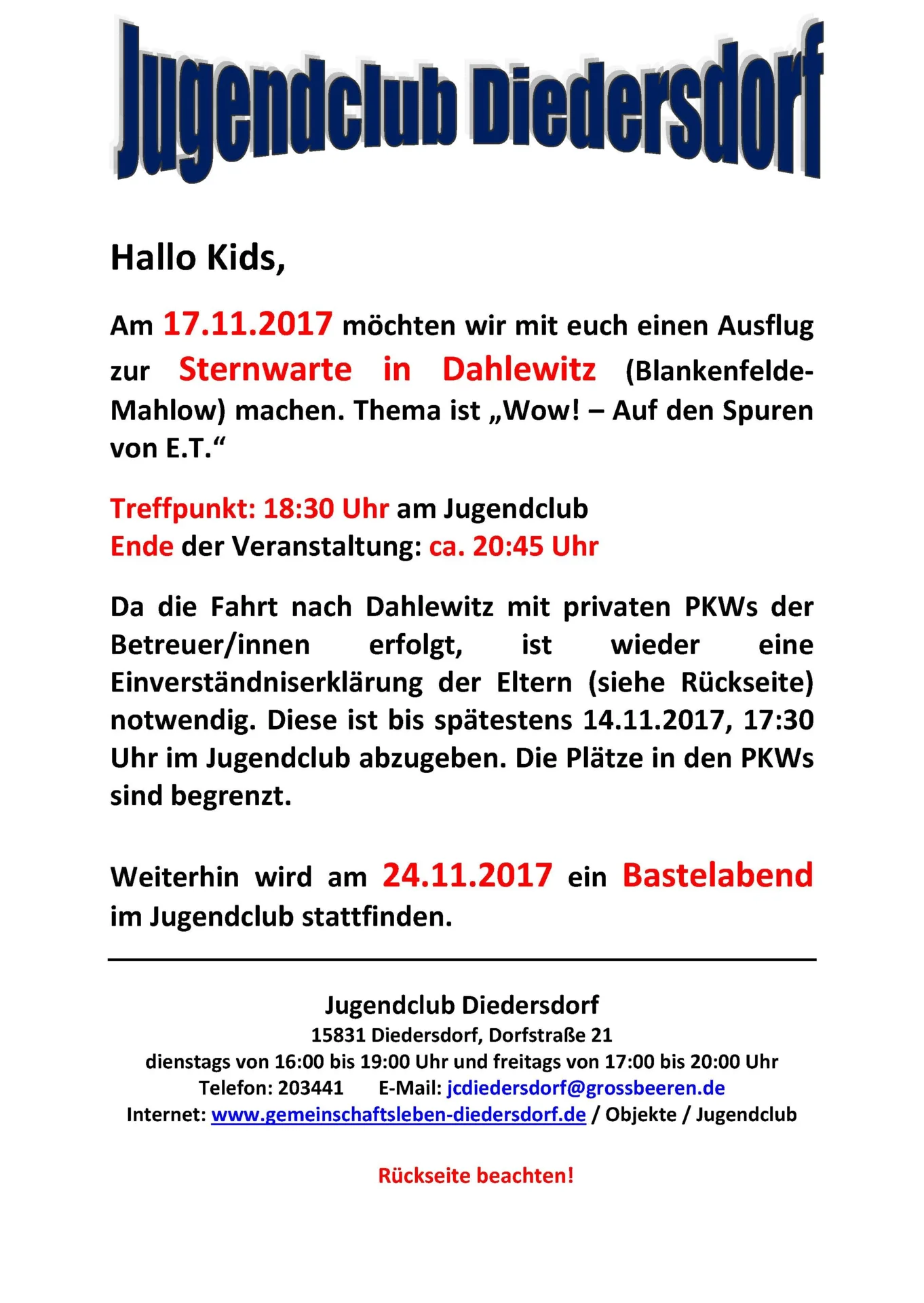 Flyer Jugendclub Diedersdorf November 2017
