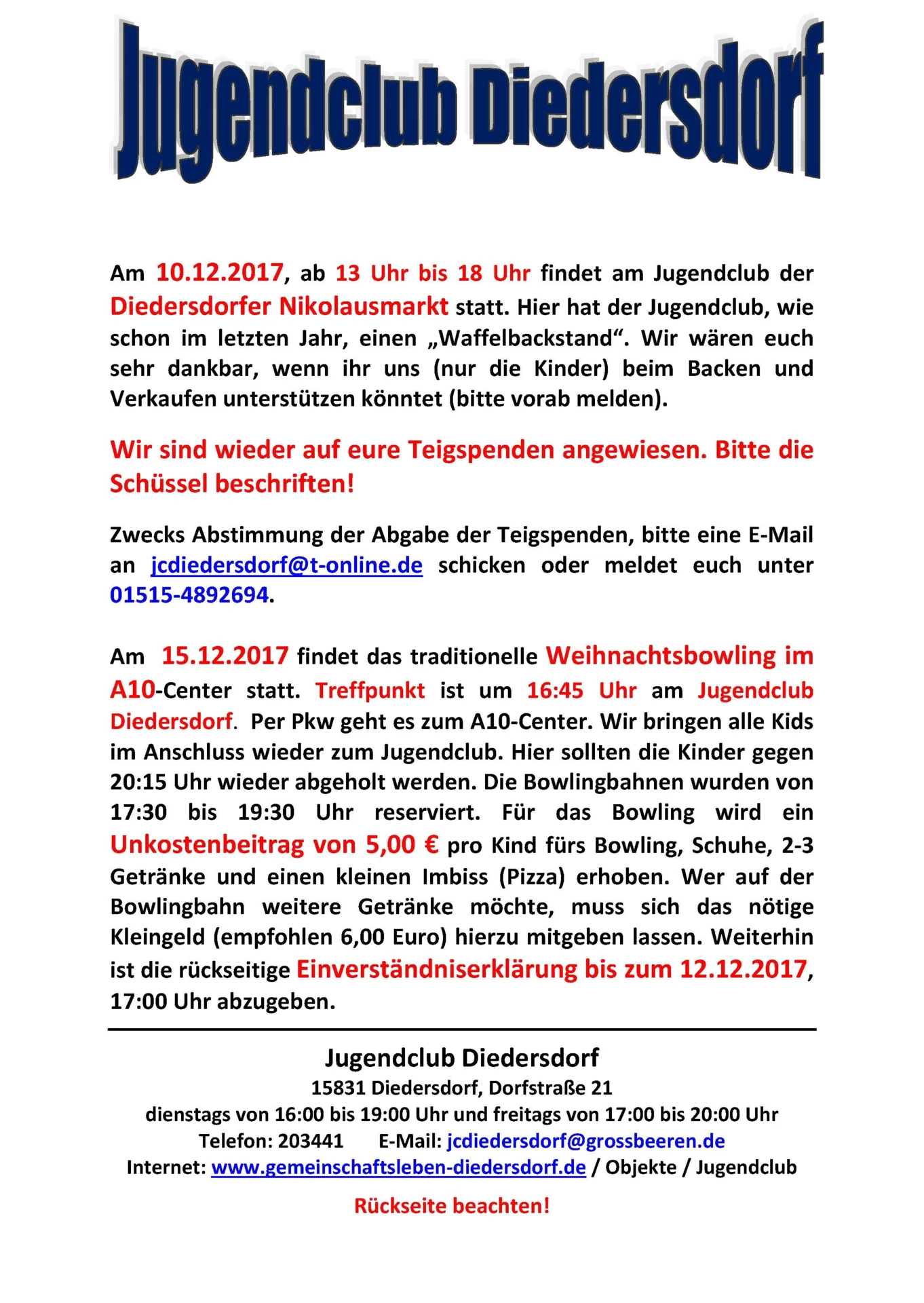 Flyer Jugendclub Diedersdorf Dezember 2017