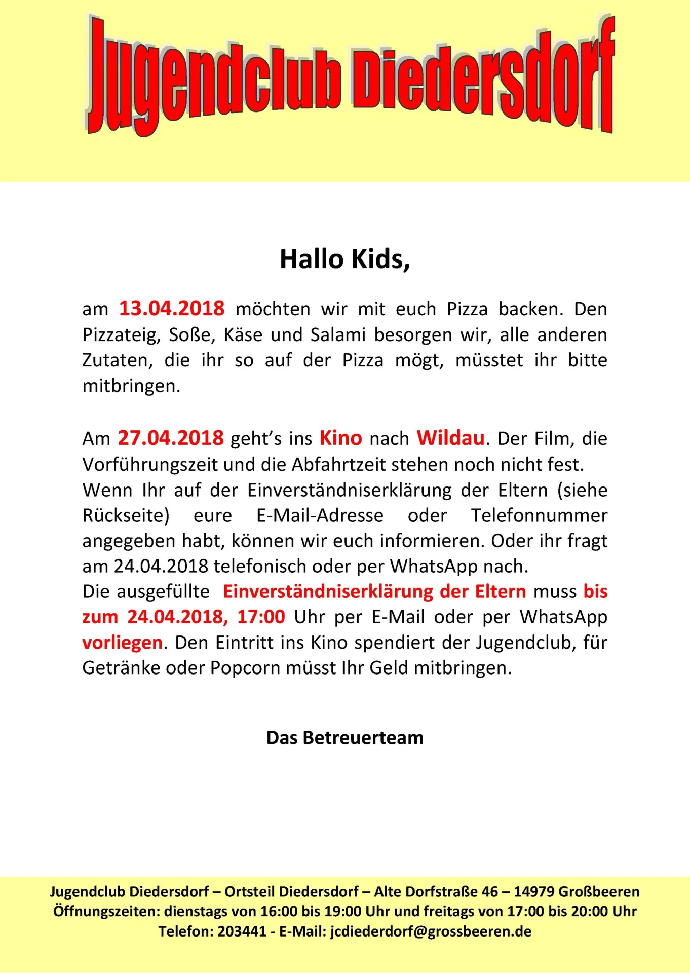 Flyer Jugendclub Diedersdorf April 2018