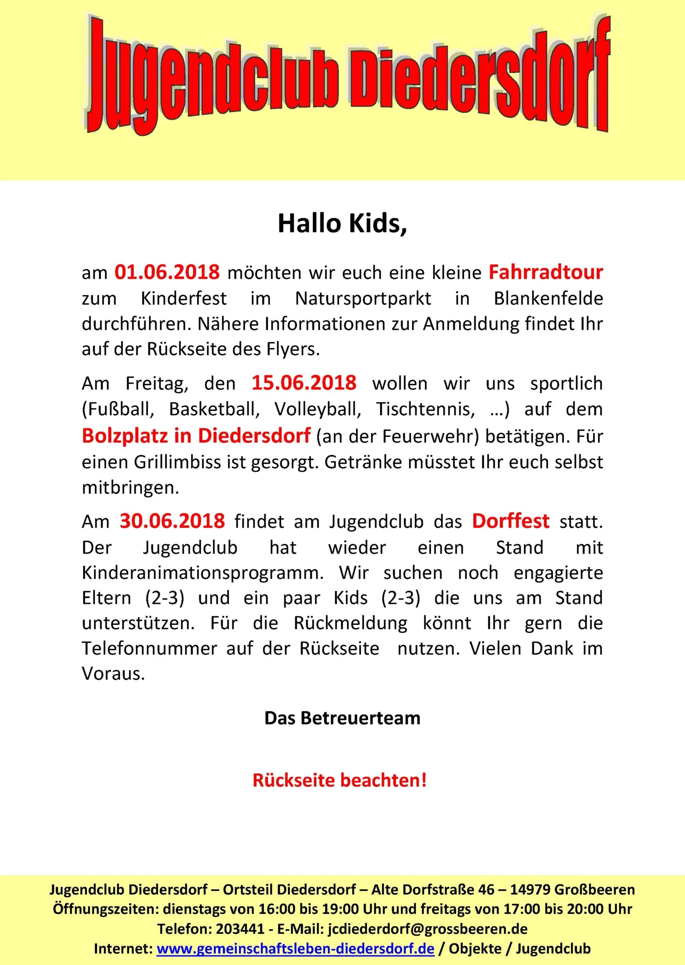 Flyer Jugendclub Diedersdorf Juni 2018