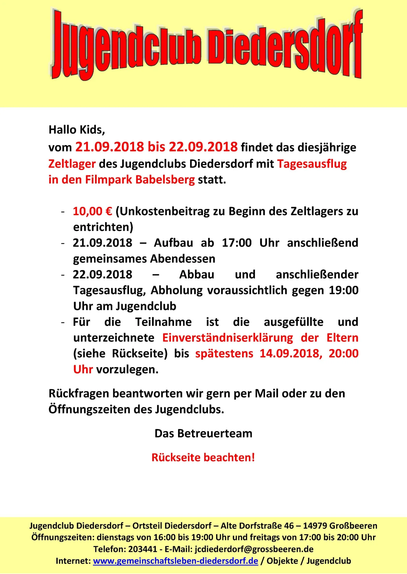 Flyer Jugendclub Diedersdorf September 2018
