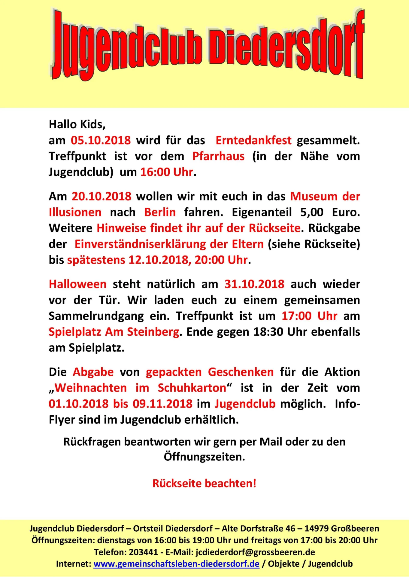 Flyer Jugendclub Diedersdorf Oktober 2018