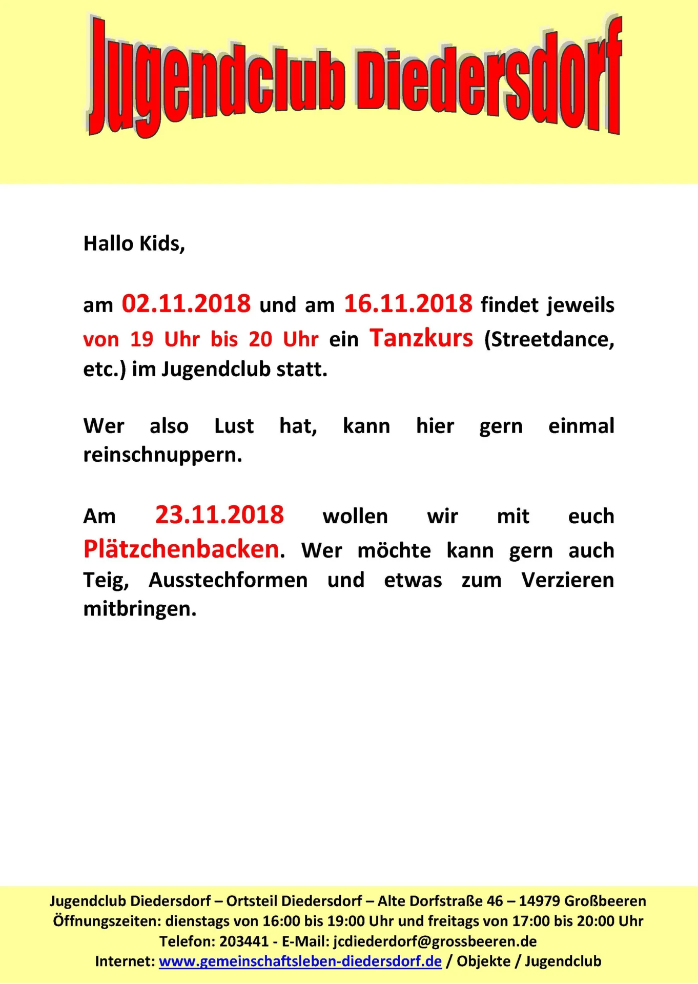 Flyer Jugendclub Diedersdorf November 2018