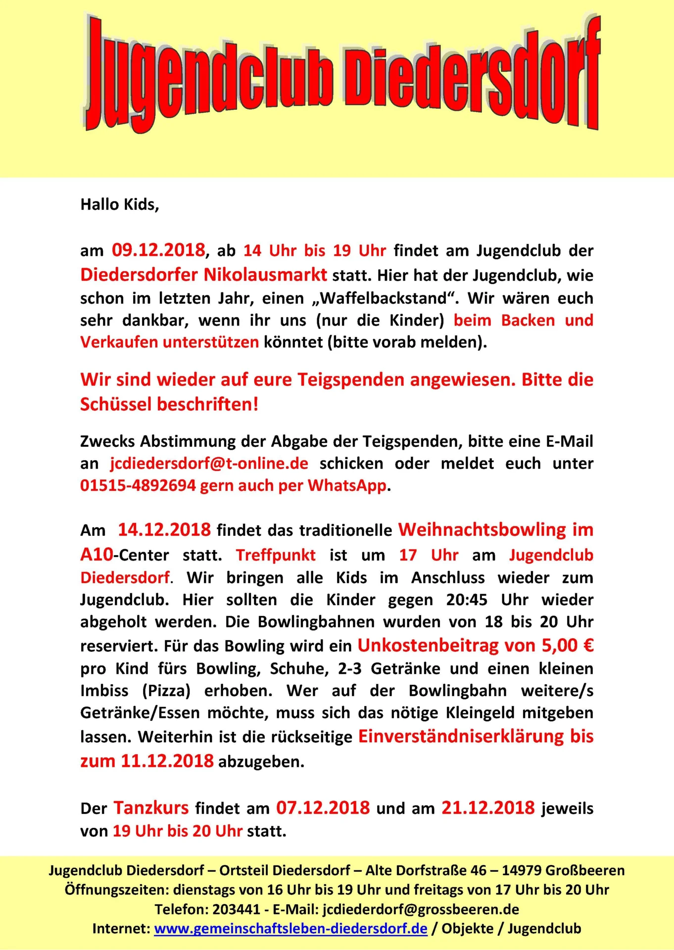 Flyer Jugendclub Diedersdorf Dezember 2018