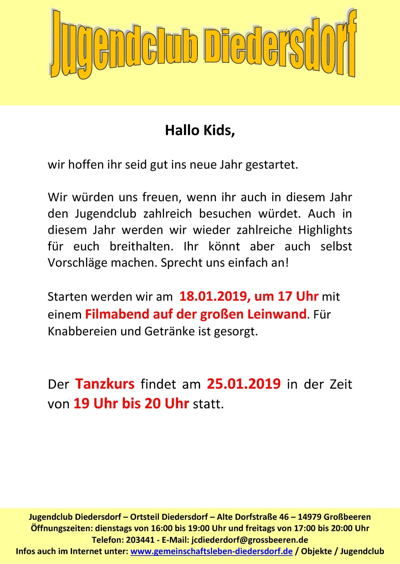 Flyer Jugendclub Diedersdorf Januar 2019