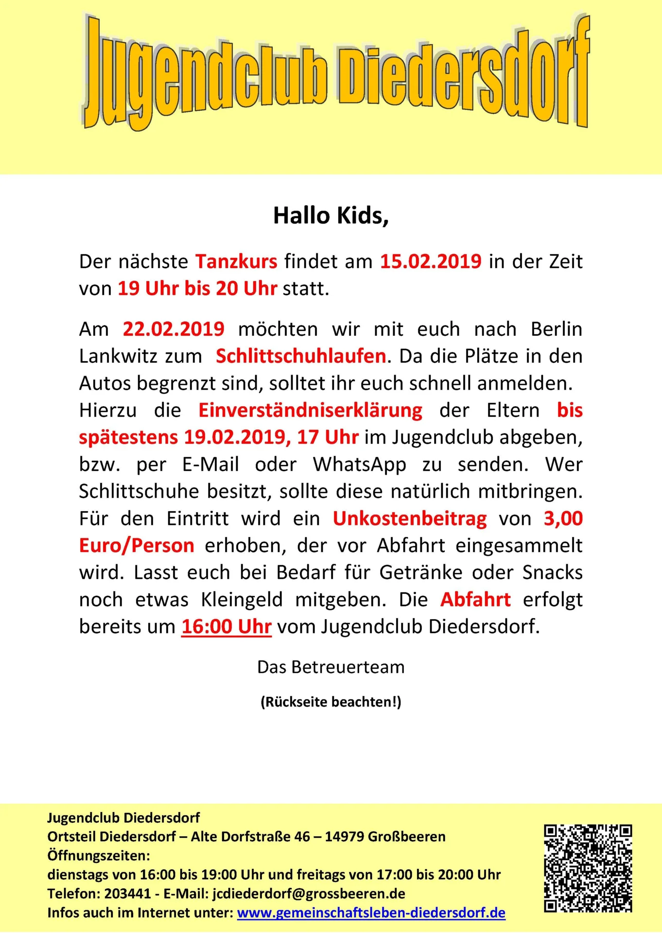Flyer Jugendclub Diedersdorf Februar 2019