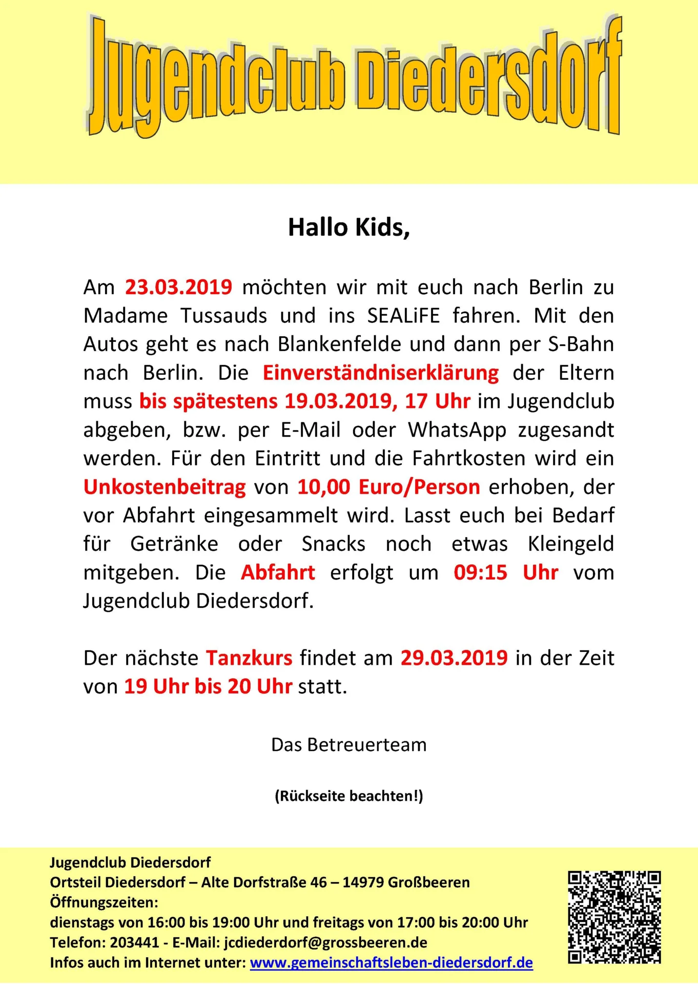 Flyer Jugendclub Diedersdorf März 2019