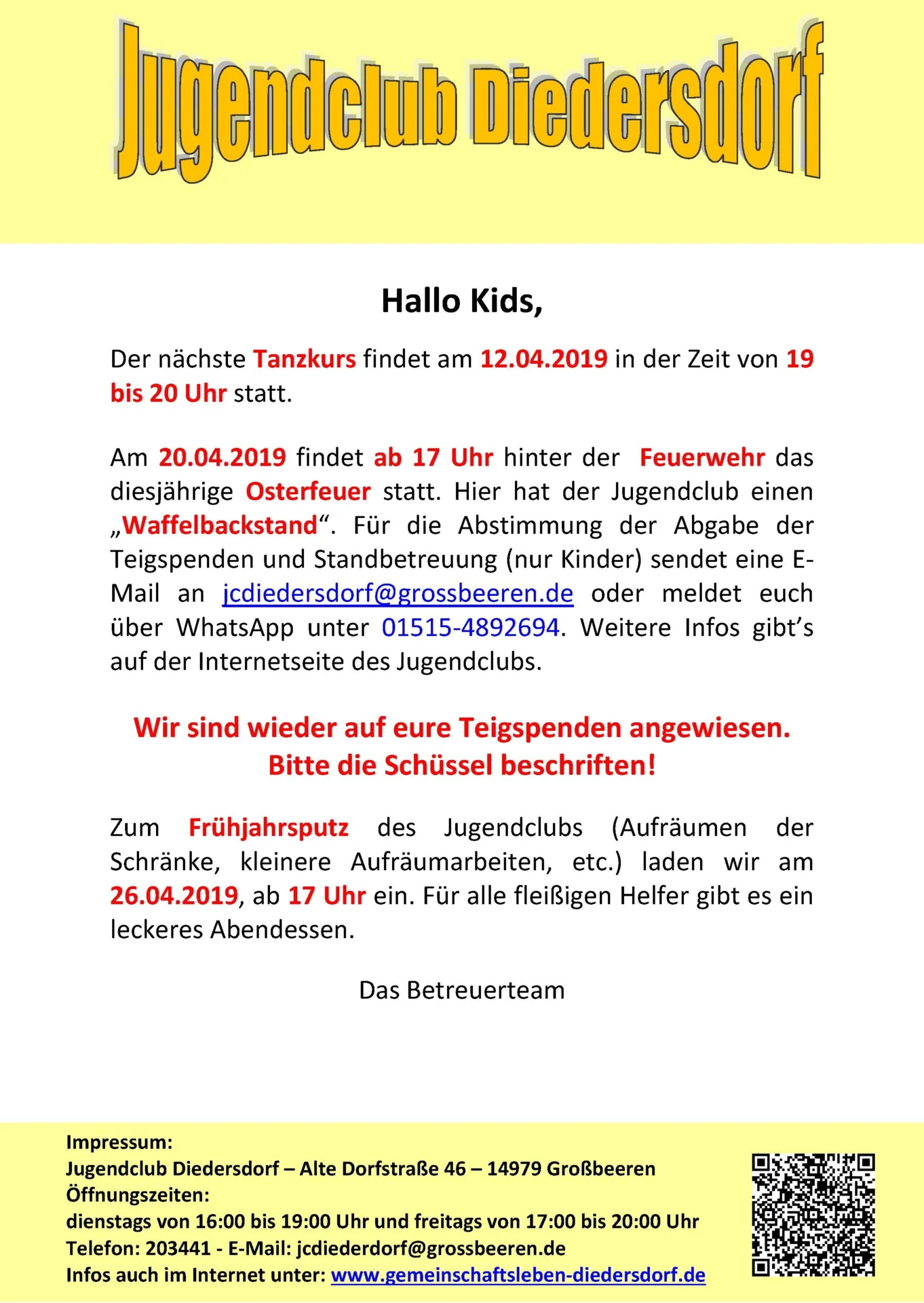 Flyer Jugendclub Diedersdorf April 2019