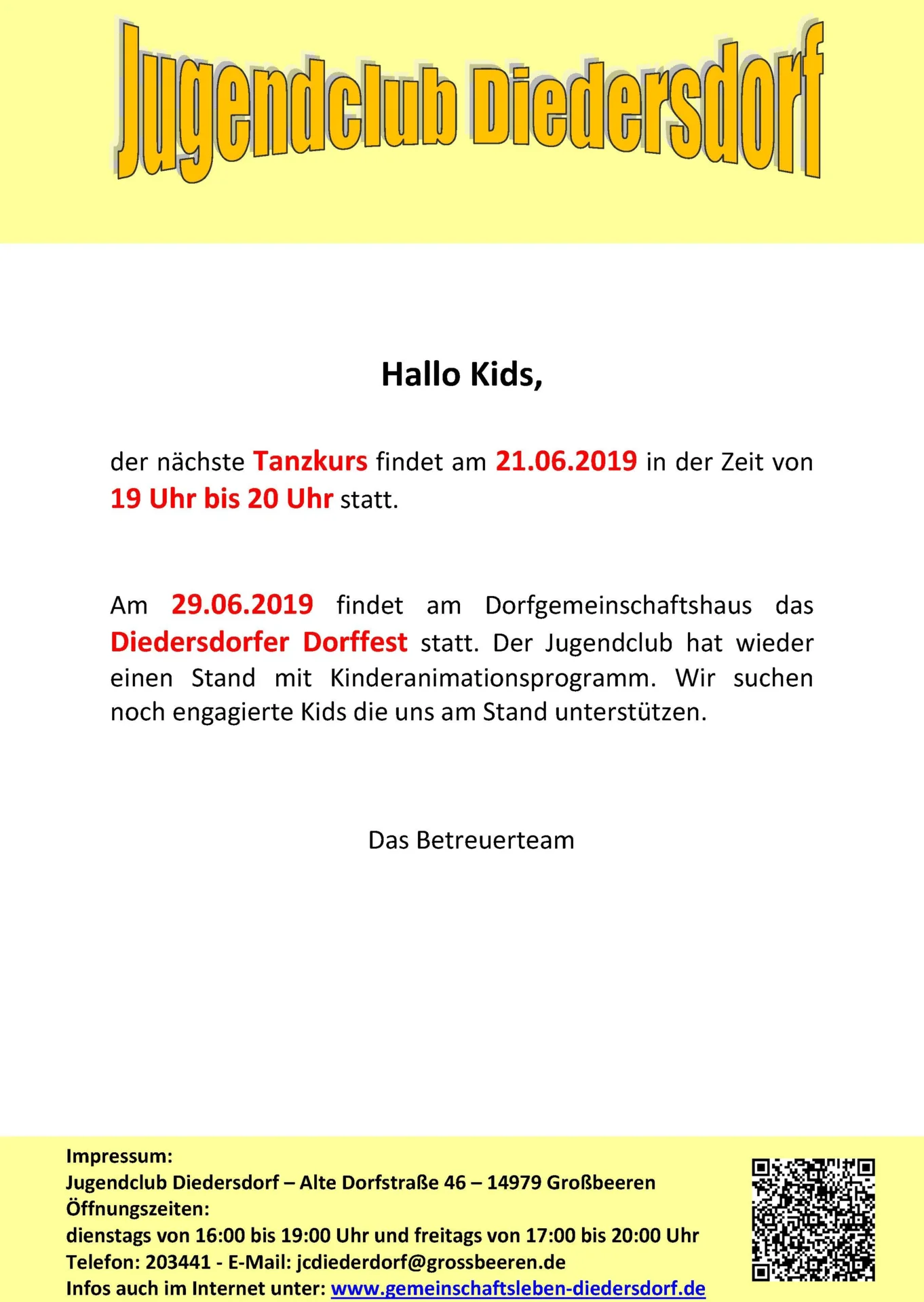 Flyer Jugendclub Diedersdorf Juni 2019