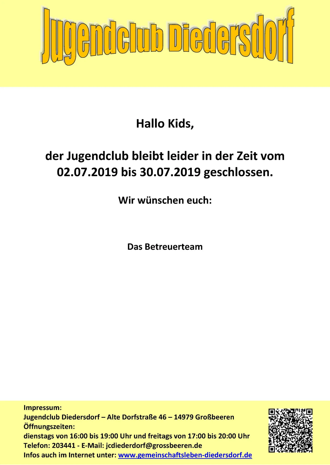 Flyer Jugendclub Diedersdorf Juli 2019