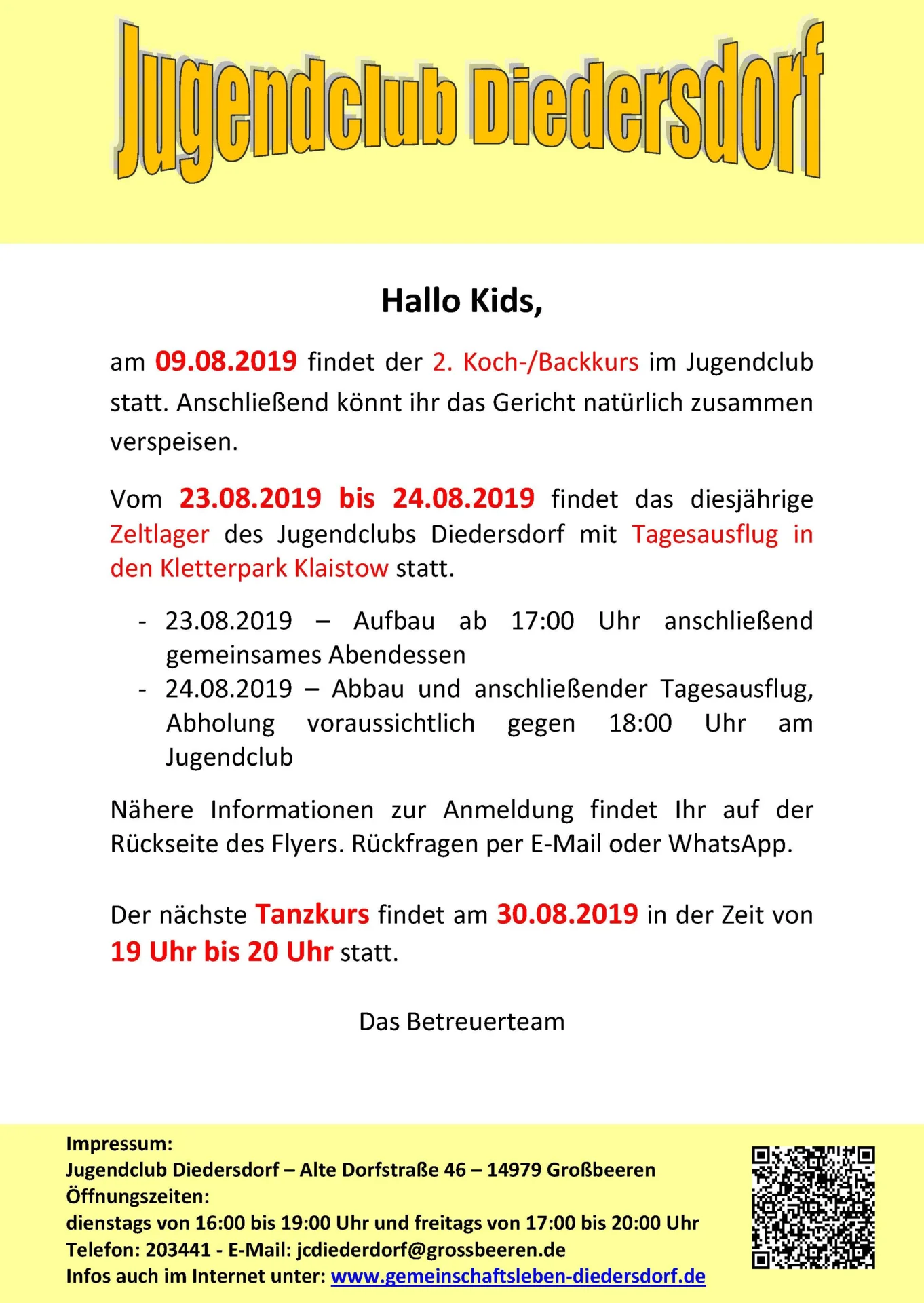 Flyer Jugendclub Diedersdorf August 2019