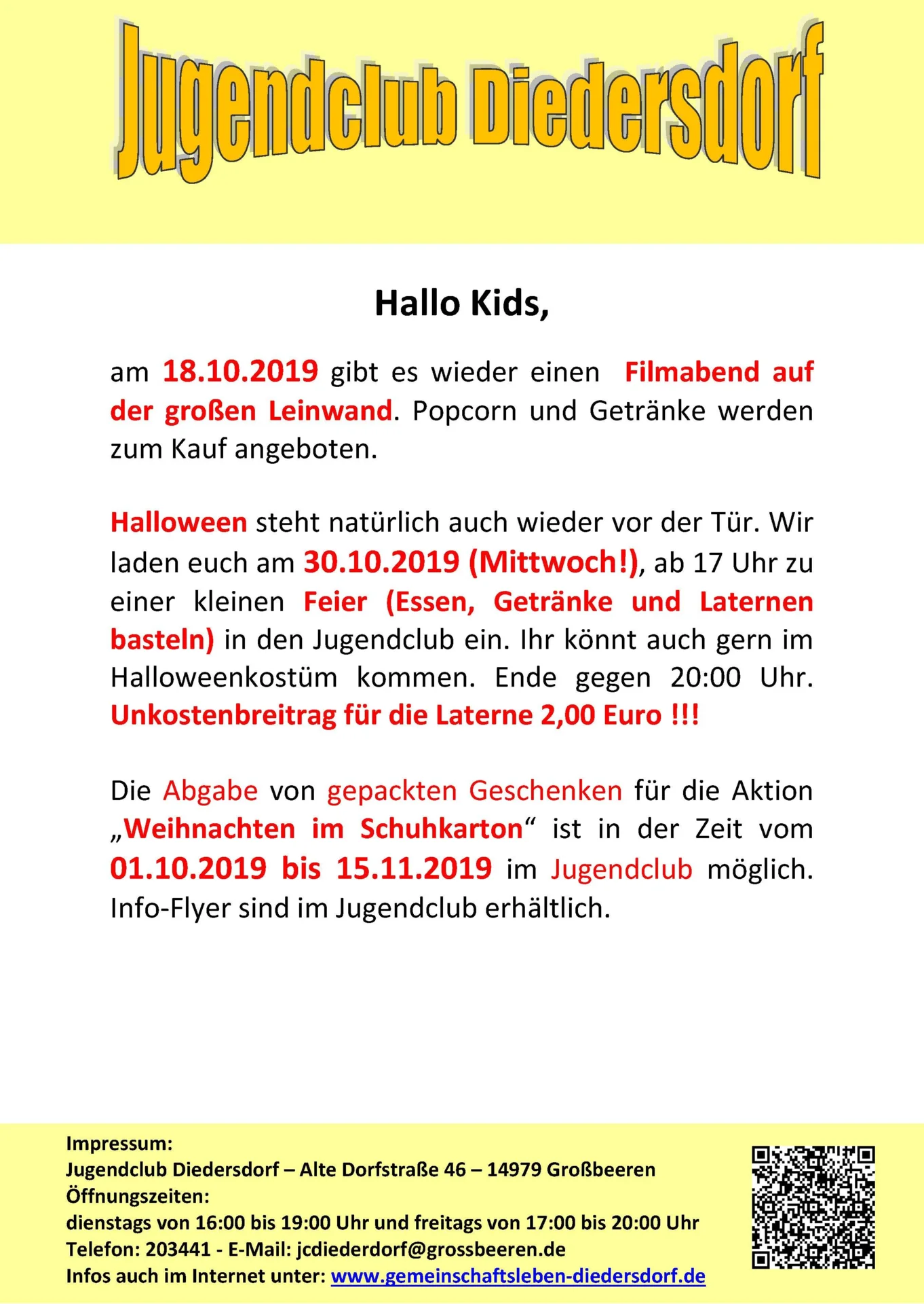 Flyer Jugendclub Diedersdorf Oktober 2019