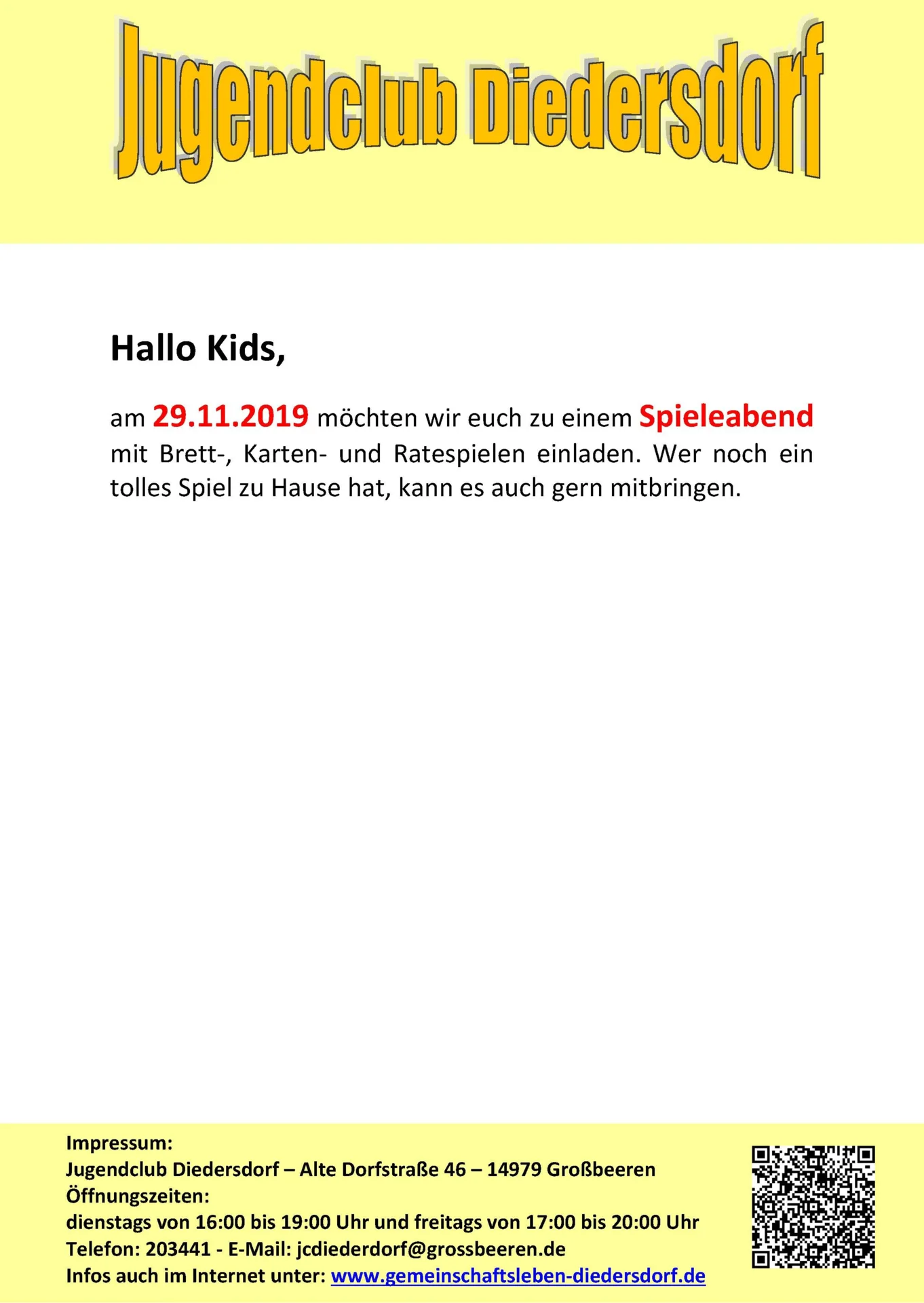 Flyer Jugendclub Diedersdorf November 2019