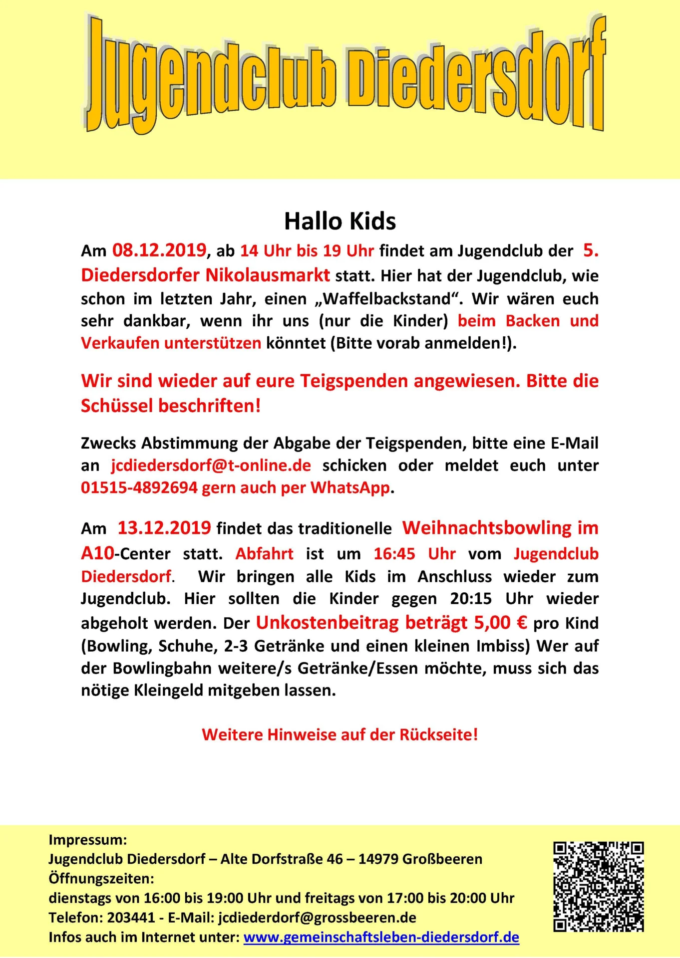 Flyer Jugendclub Diedersdorf Dezember 2019