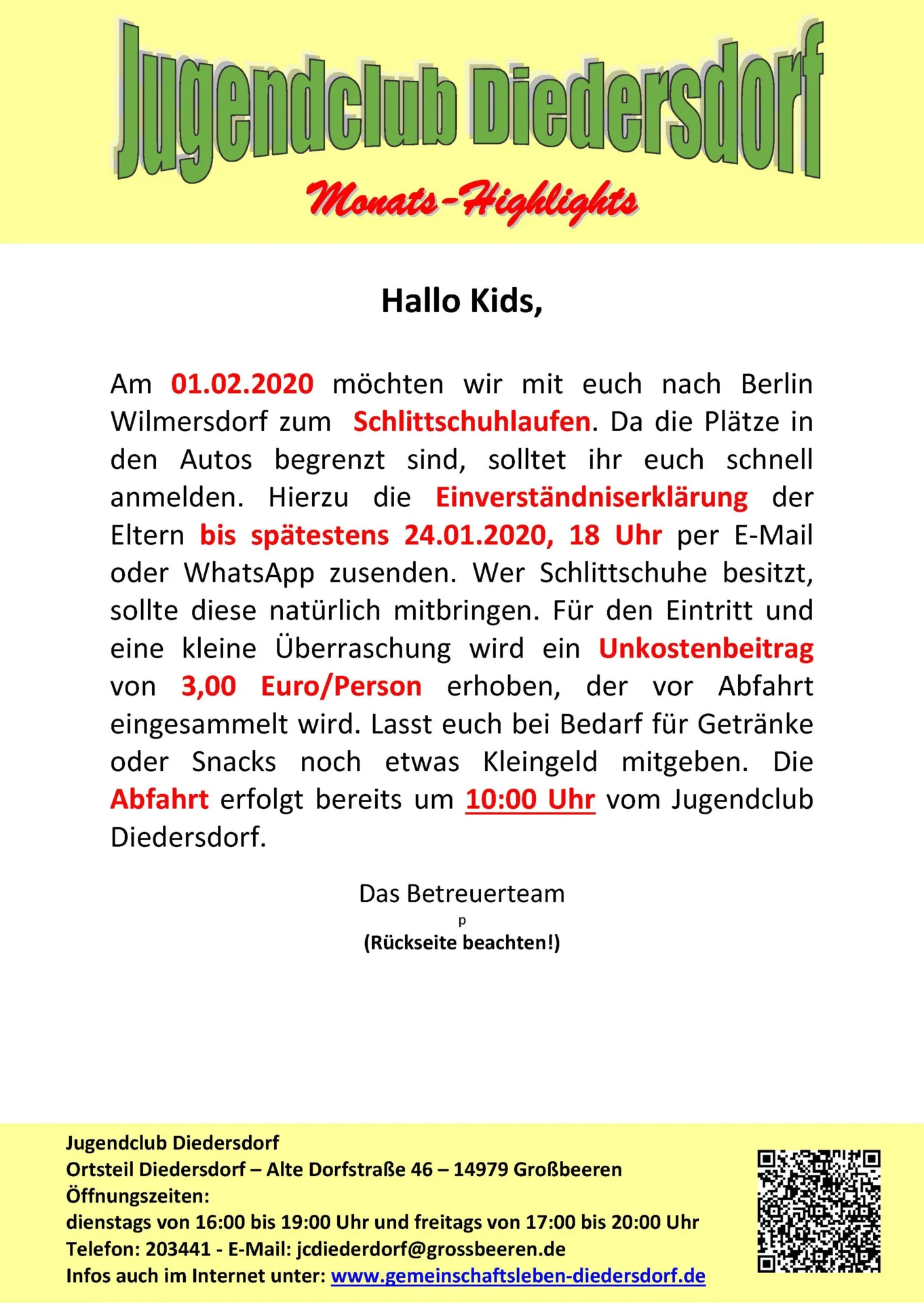 Flyer Jugendclub Diedersdorf Februar 2000