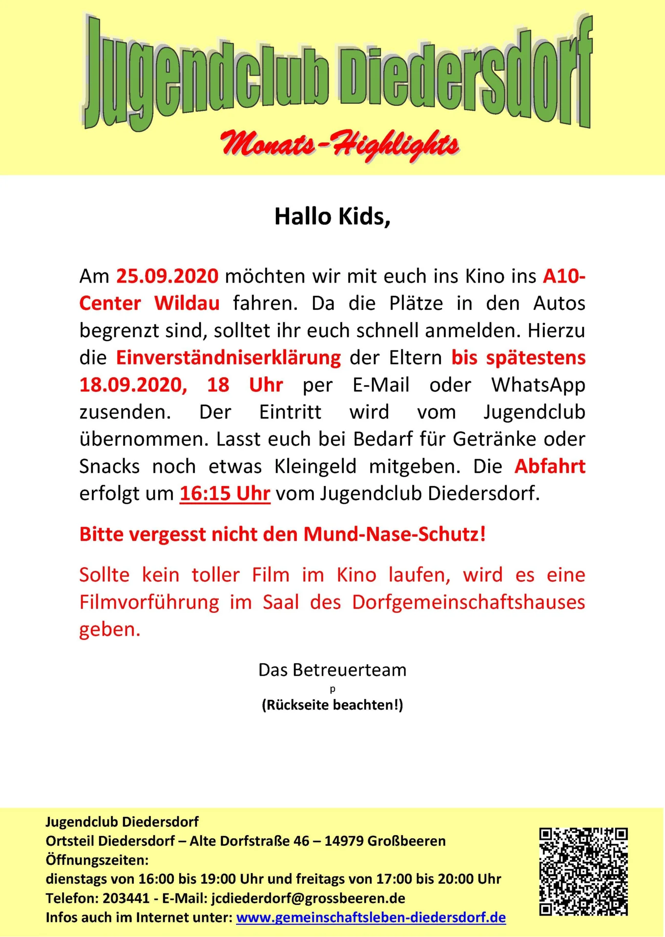 Flyer Jugendclub Diedersdorf September 2000