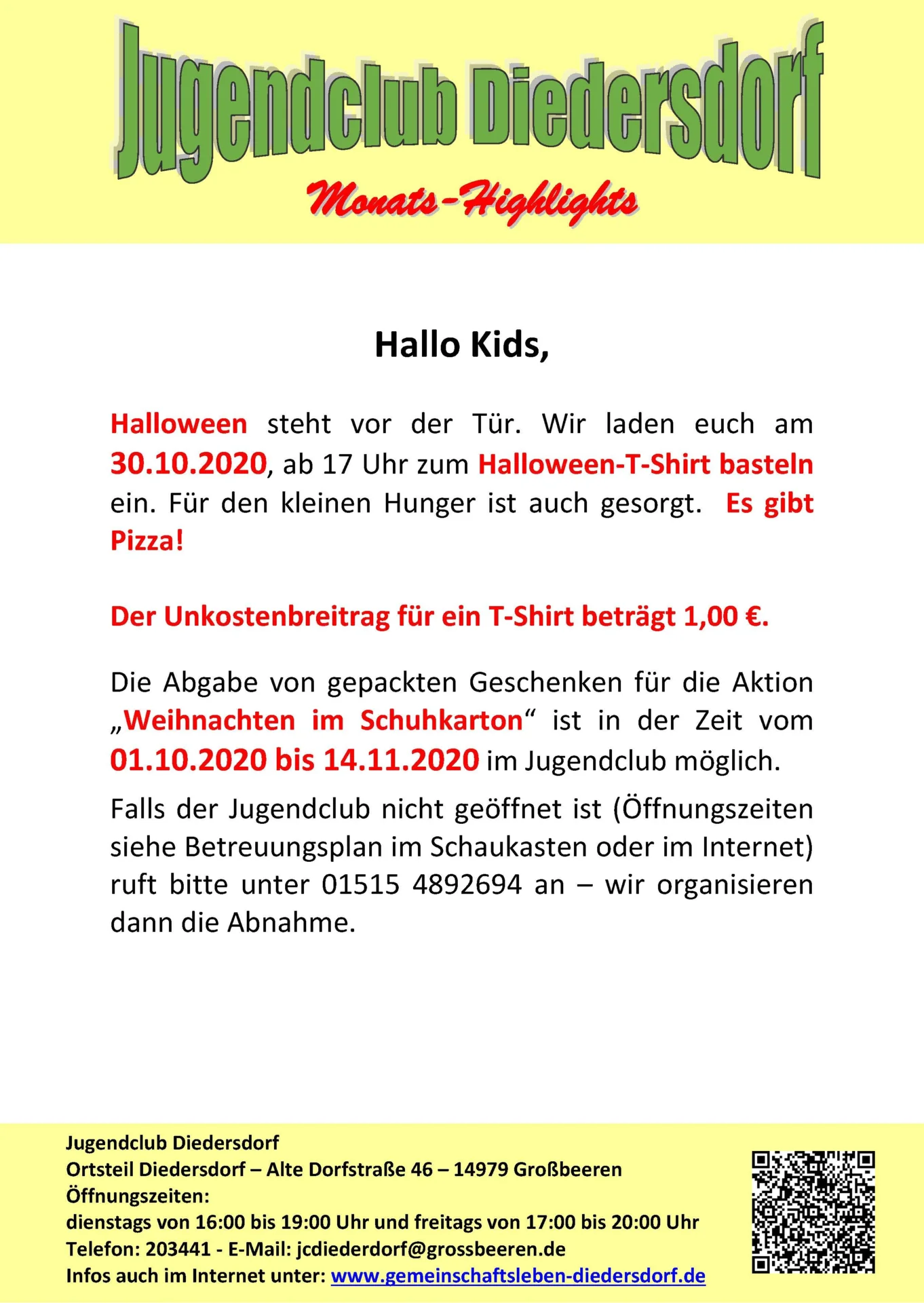 Flyer Jugendclub Diedersdorf Oktober 2000