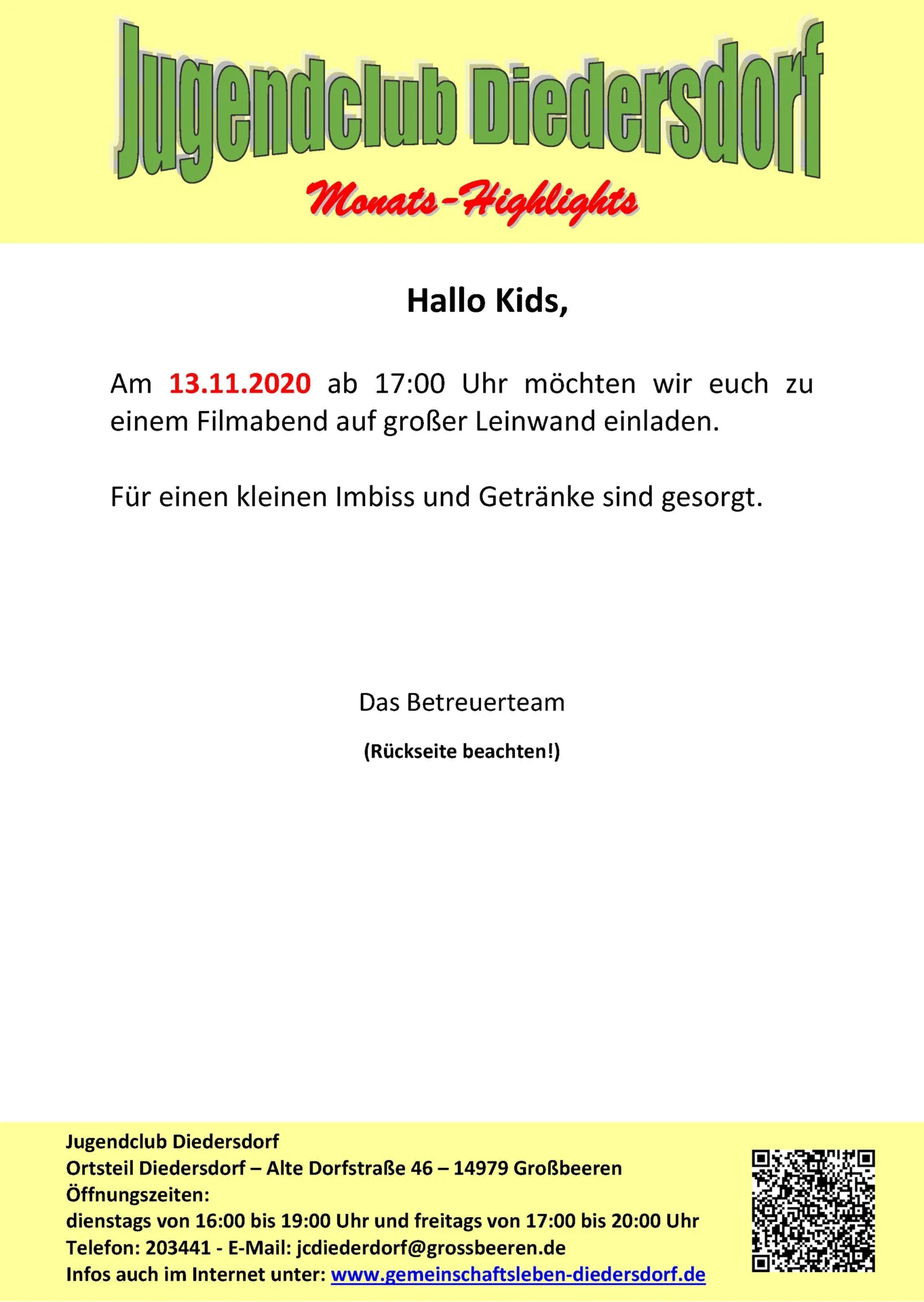 Flyer Jugendclub Diedersdorf November 2000