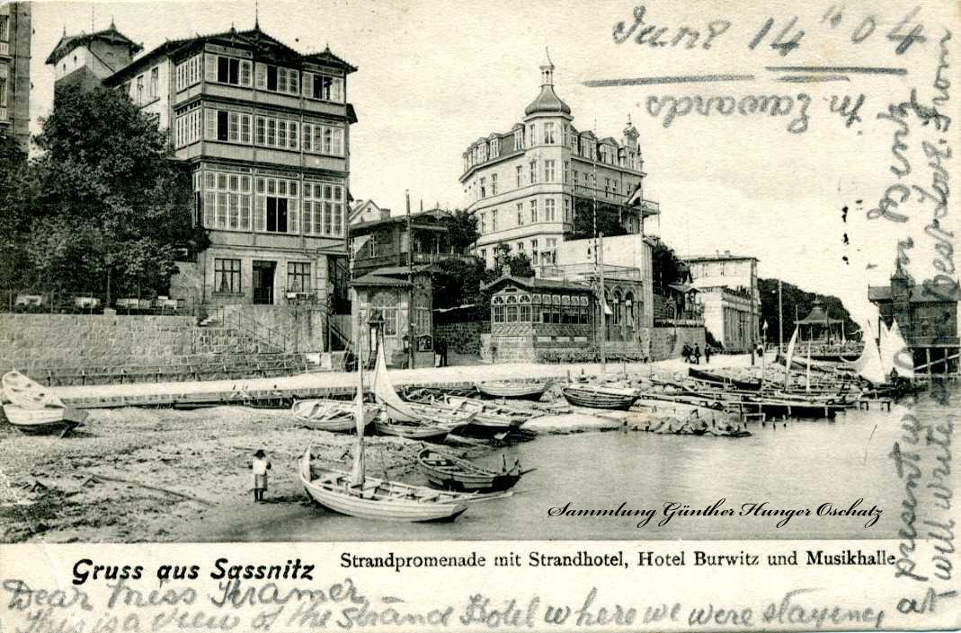 Gruss aus Sassnitz Strandpromenade mit Strandhotel Hotel Burwitz und Musikhalle