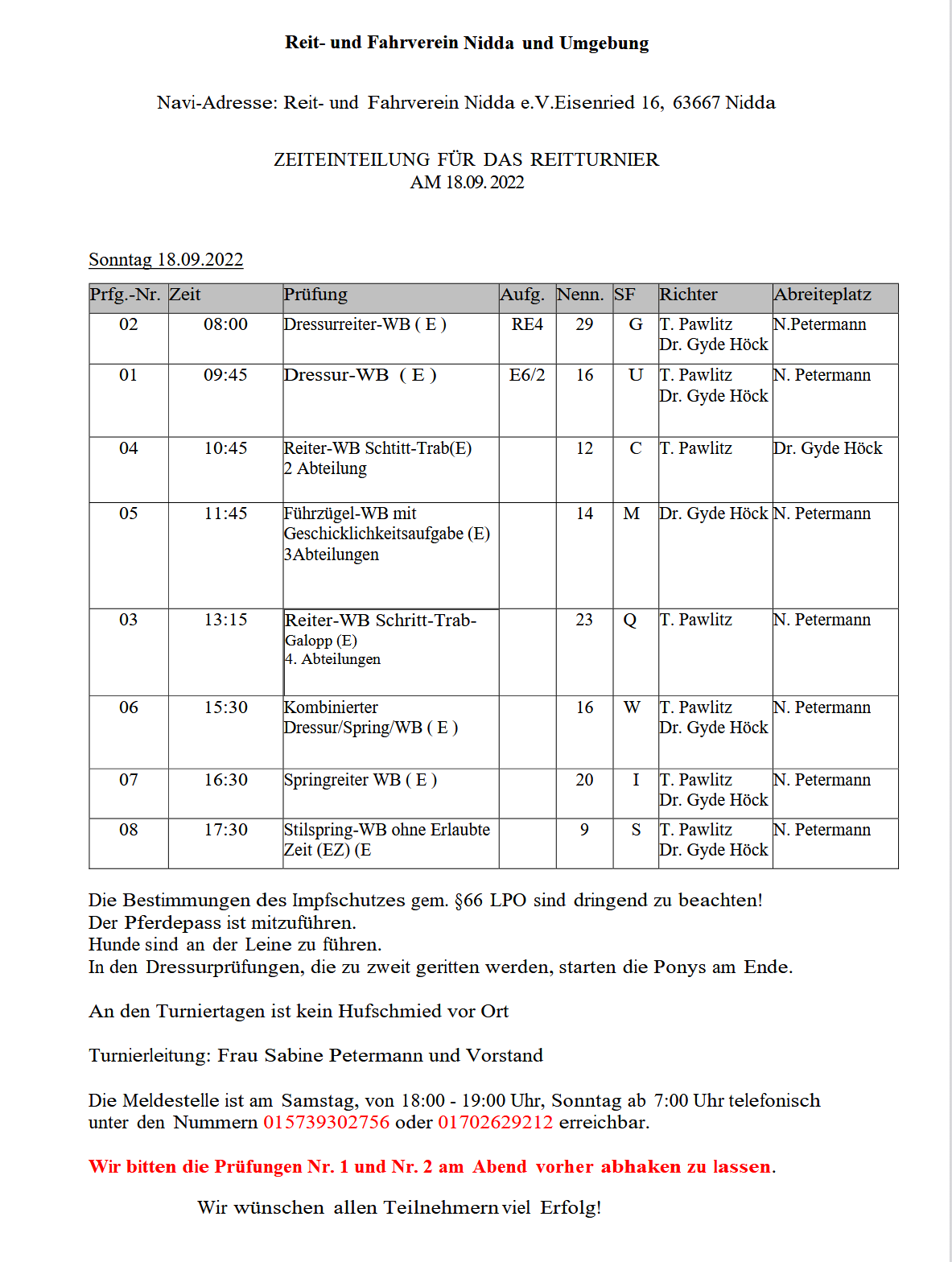 Zeiteinteilung WBO Turnier 18.09.22
