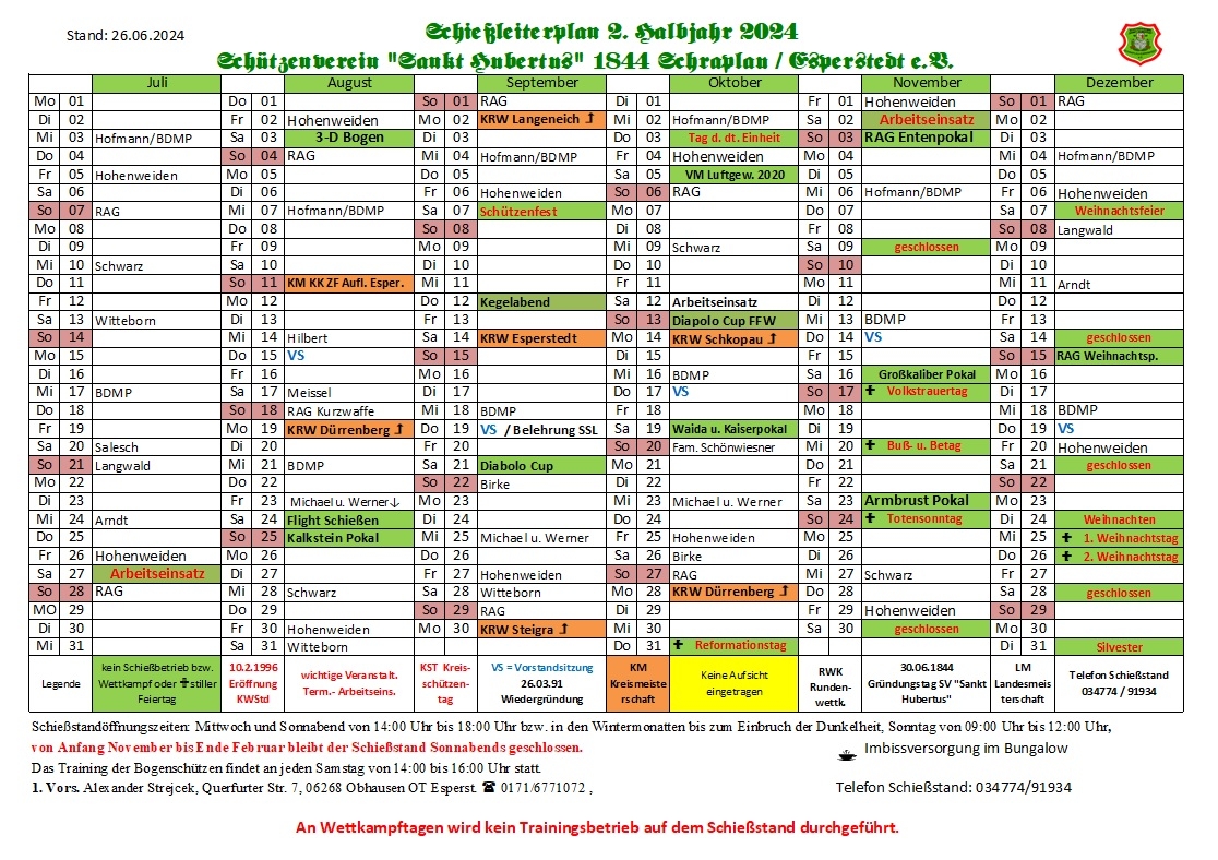 Schießleiterplan 2. halbjahr 2024