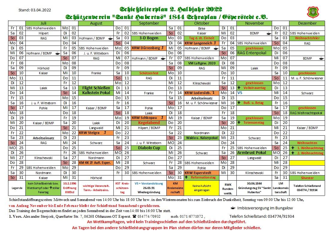 Schießleiterplan 2. Halbjahr 2022